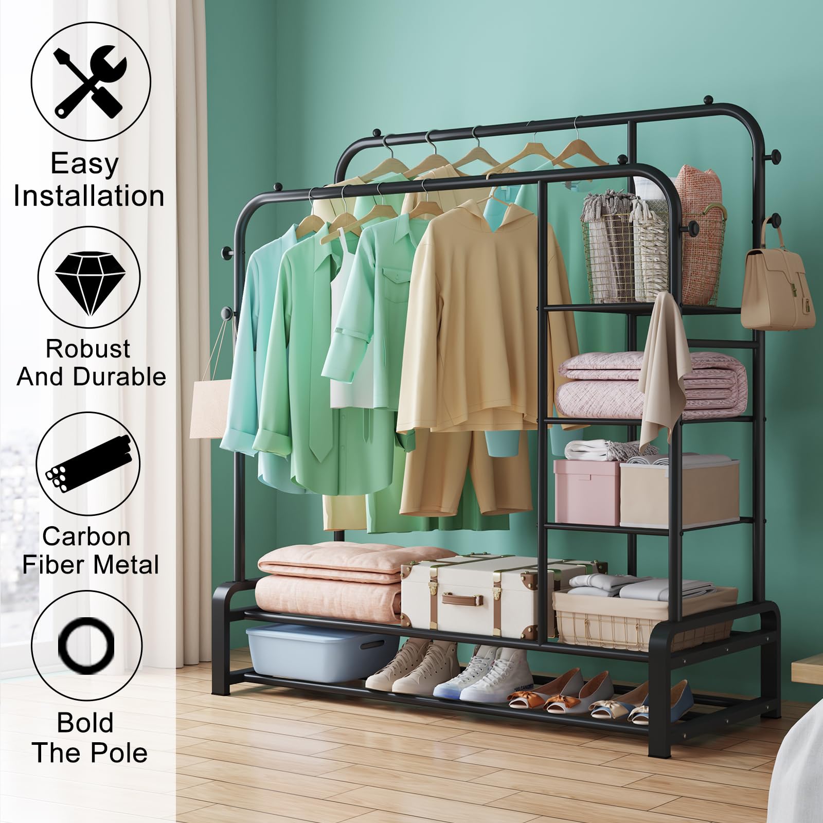 SMILOVII Heavy Duty Clothes Rail | Double Metal Clothing Rack with Shelves