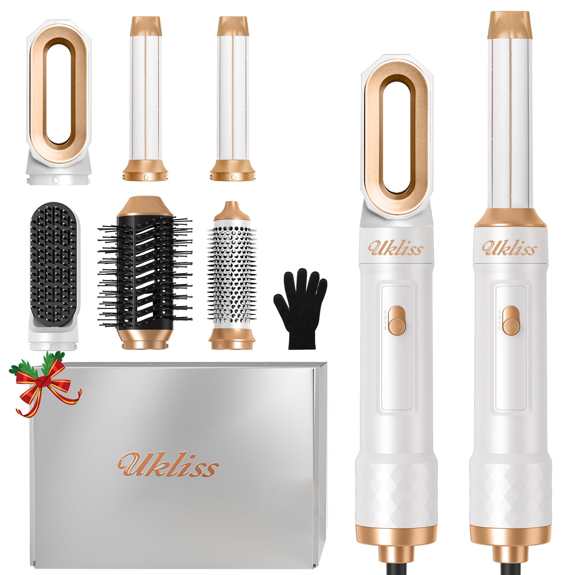 UKLISS 6-in-1 Hair Dryer Brush & Automatic Air Curler Styler Set - White