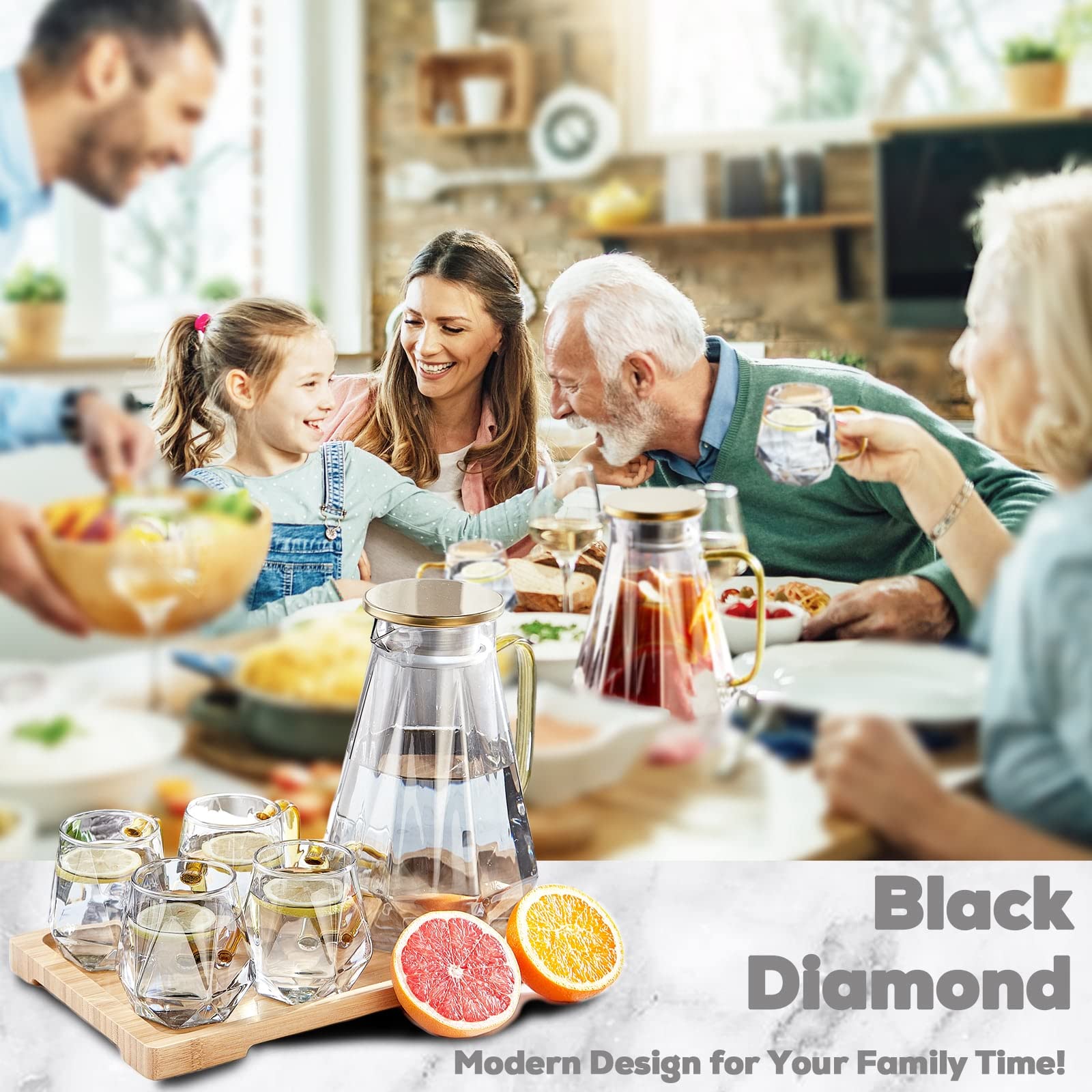DUJUST Black Diamond Glass Pitcher Set | 6-Piece Borosilicate Carafe