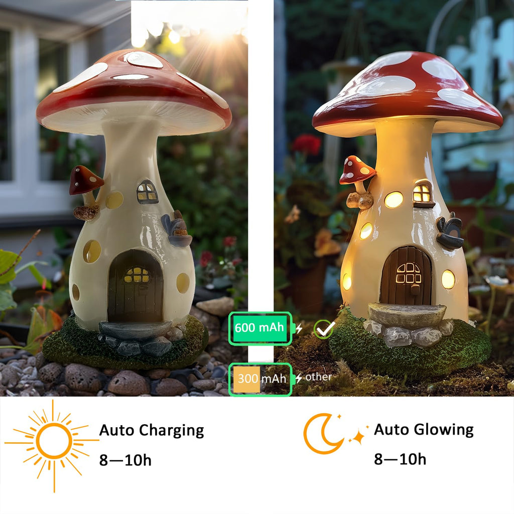 Coonoe Solar Fairy Garden Mushroom House Light – Waterproof Yard Statue