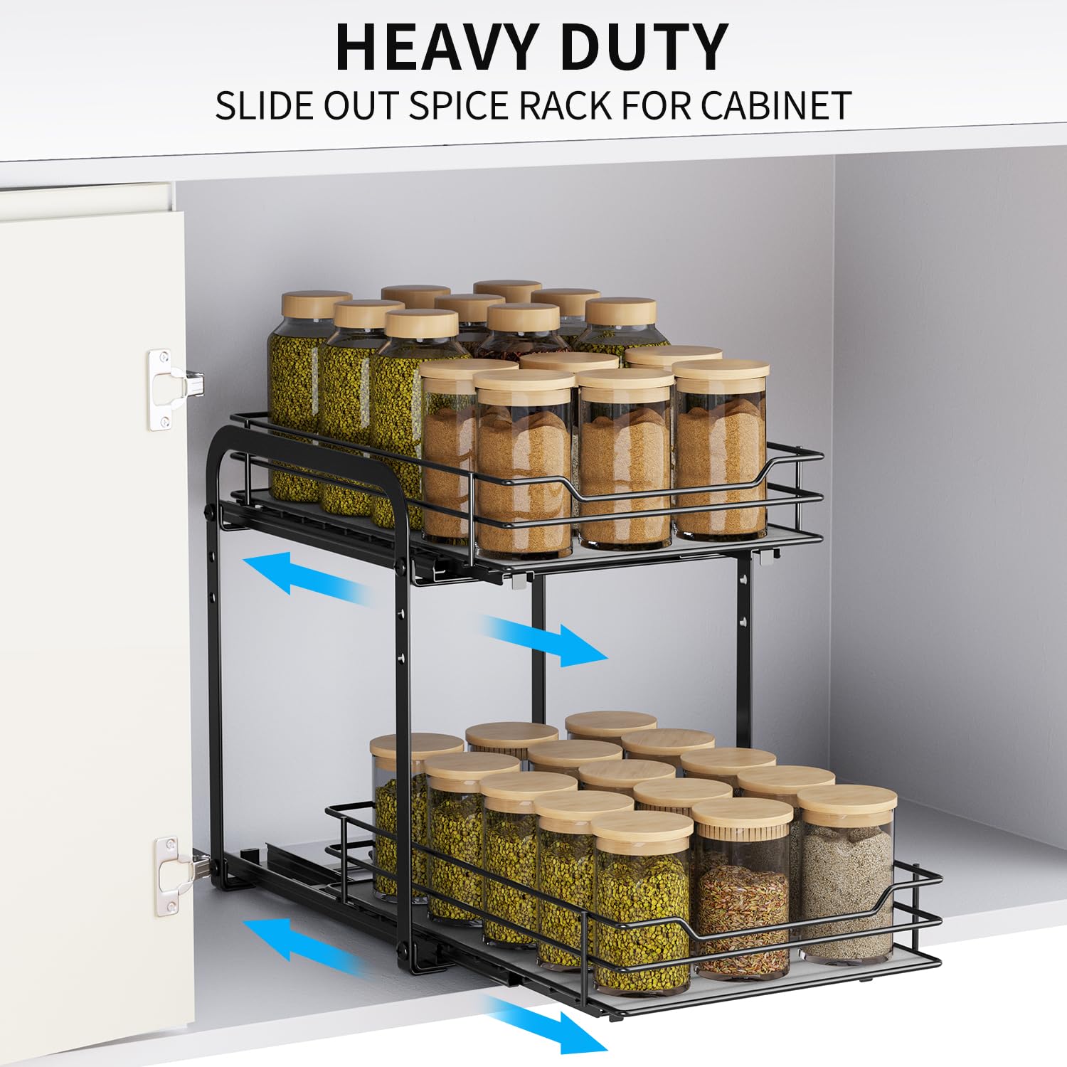 AIRUJIA 2-Tier Pull Out Cabinet Spice Rack | Height Adjustable Metal Shelf