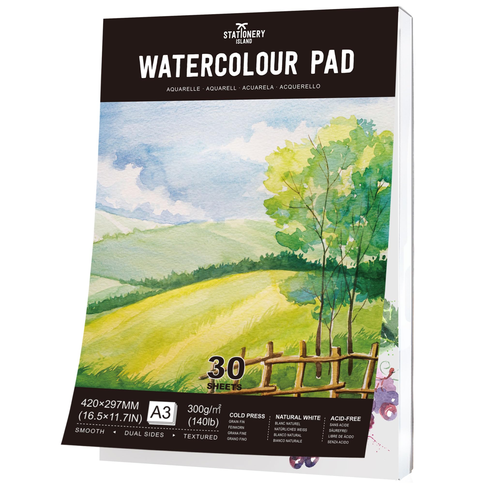 Stationery Island A3 Watercolour Paper Pad | 300gsm Cold Pressed 30 Sheets