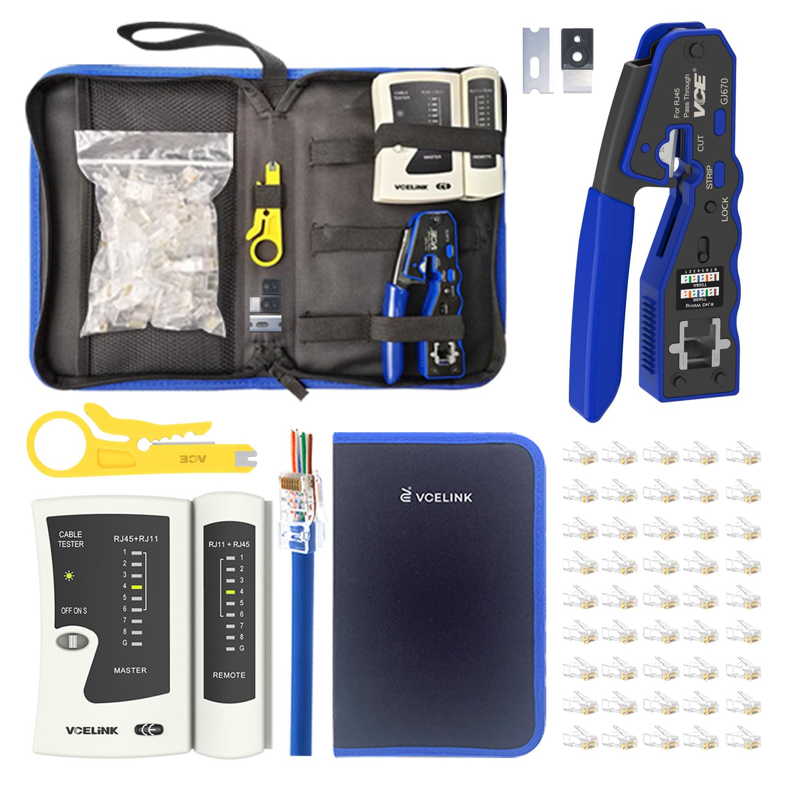 VCELINK RJ45 Ethernet Crimp Tool Kit with Cat6 Connectors & Tester
