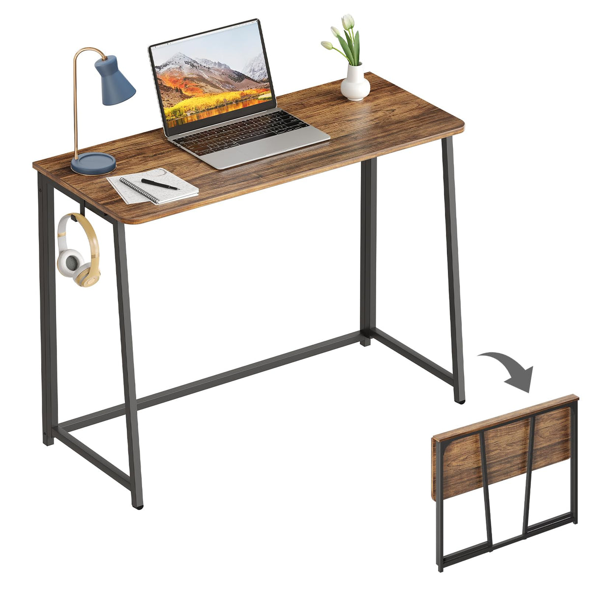 WOHOMO Folding Desk, 100cm Computer Table for Home Office, Rustic Walnut - image 1