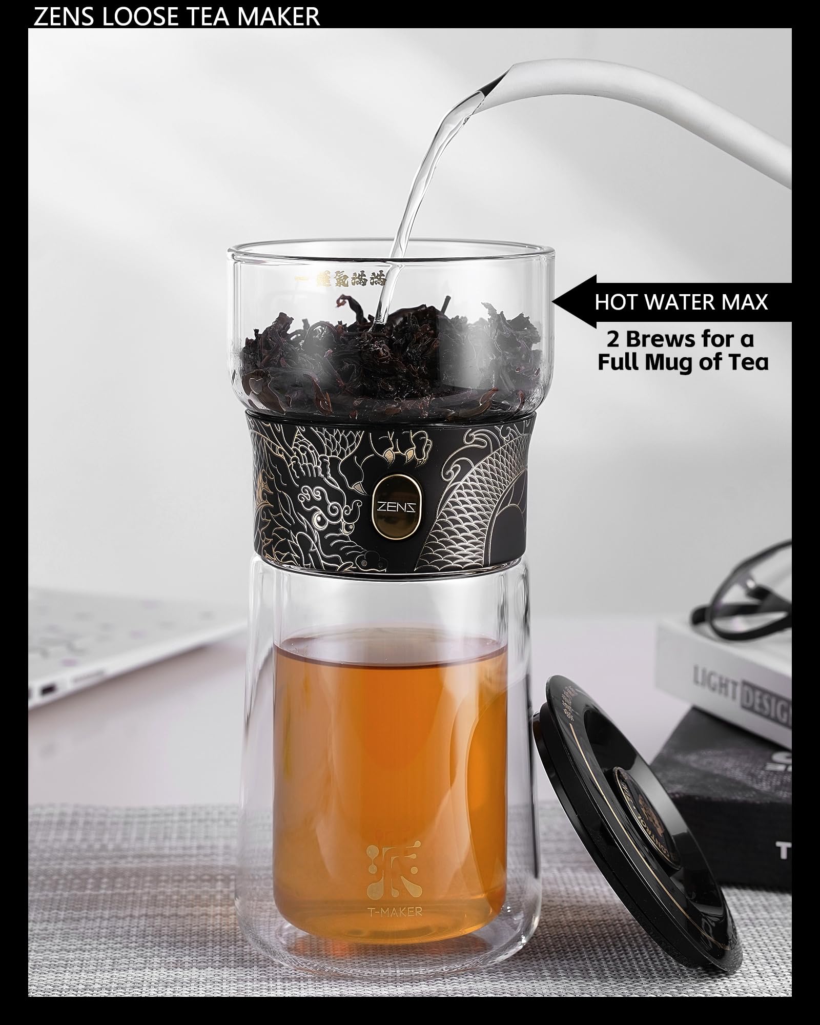 ZENS One Touch Glass Tea Maker | Portable Infuser Pot with Insulated Cup