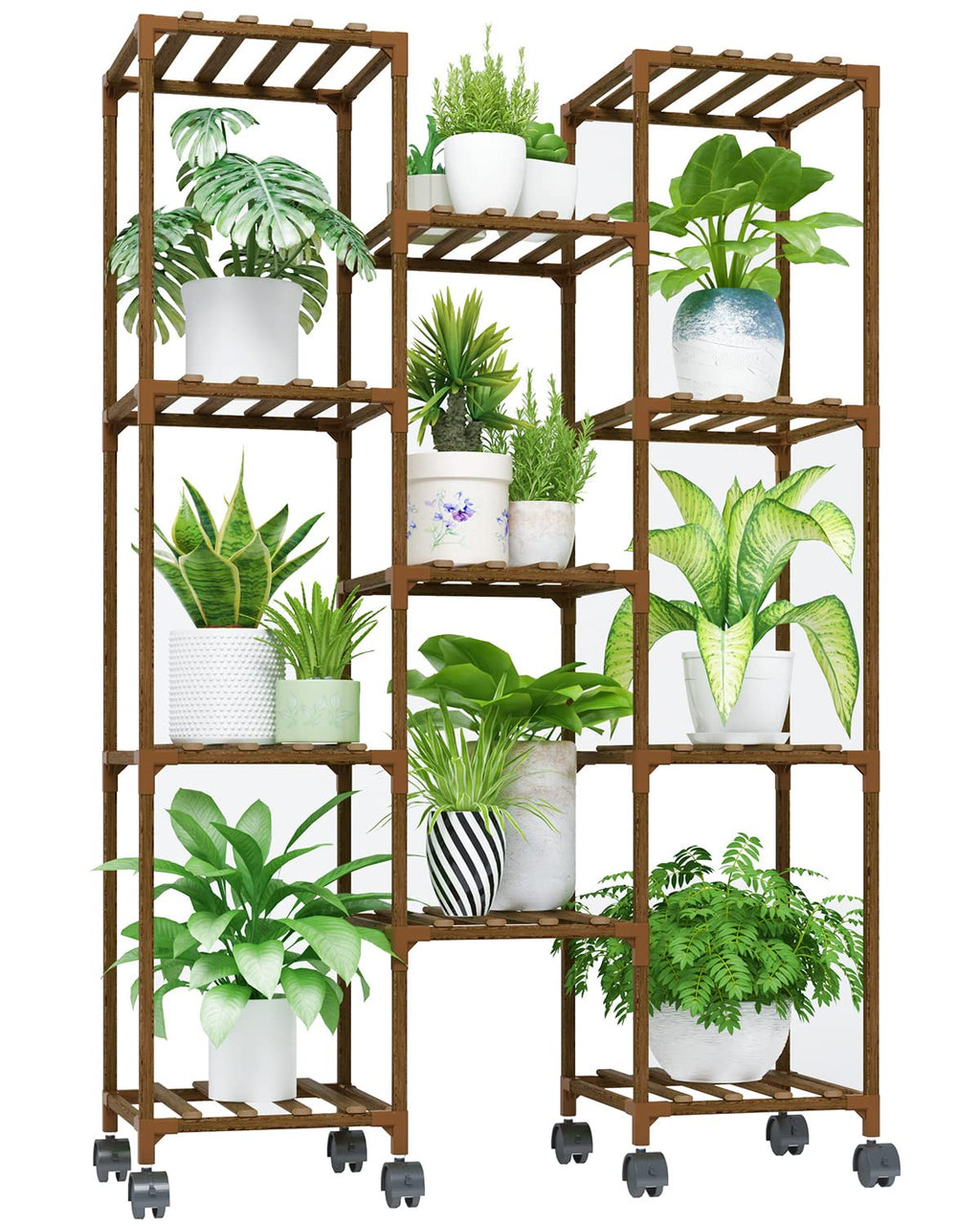Bamworld Rolling Wood Plant Stand – 11 Pots Large Indoor Outdoor Shelf