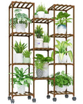 Bamworld Rolling Wood Plant Stand – 11 Pots Large Indoor Outdoor Shelf