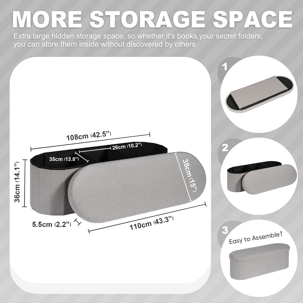 PINPLUS Foldable Oval Ottoman Storage Bench, Grey, 110x38x38 cm - image 3