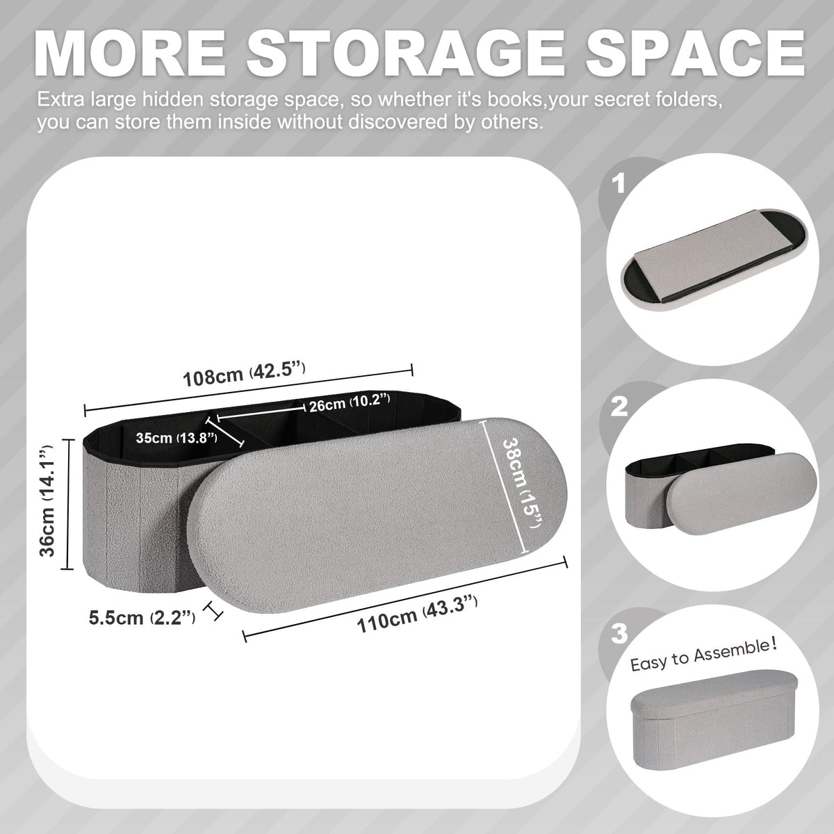 PINPLUS Foldable Oval Ottoman Storage Bench, Grey, 110x38x38 cm - image 3