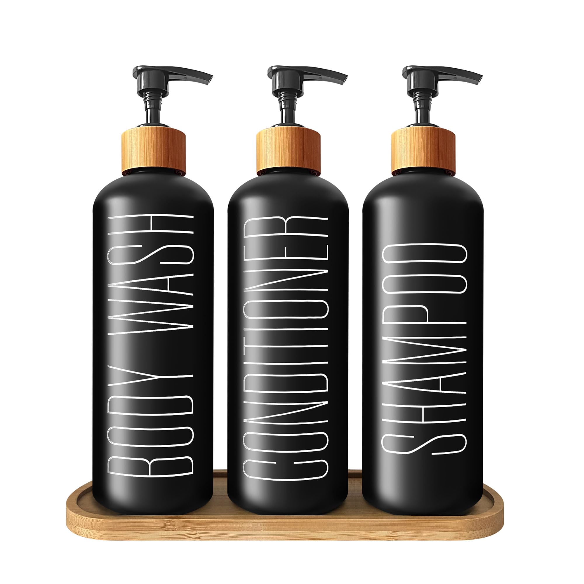 Jolof Store Black Glass Shampoo Dispenser Set with Bamboo Tray | 3 Pack