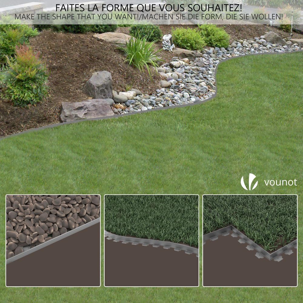 VOUNOT 20m Flexible Plastic Lawn Edging Border with 60 Pegs - Grey