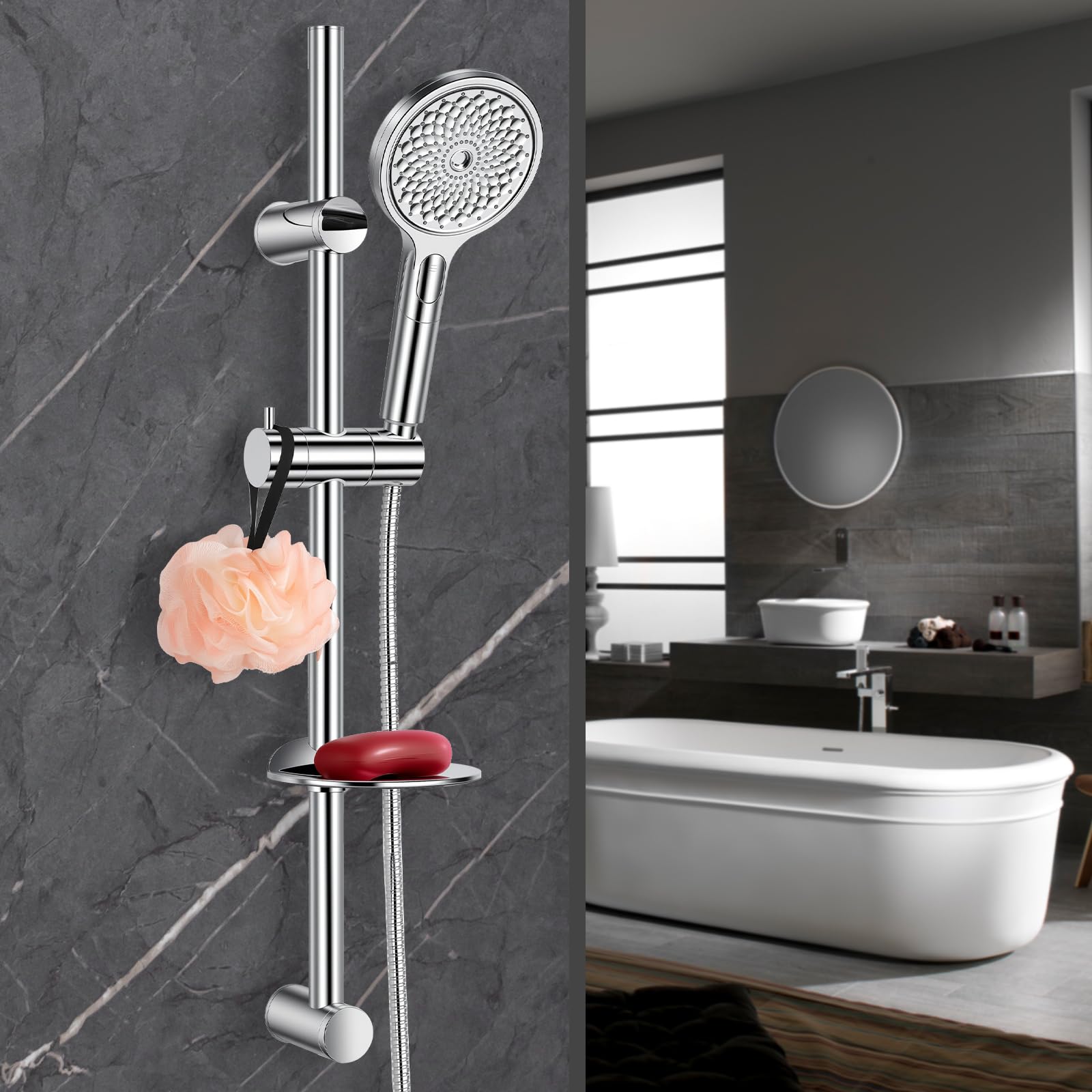 Ronvie Shower Riser Rail Kit | 4-Spray Handheld Showerhead & Soap Dish