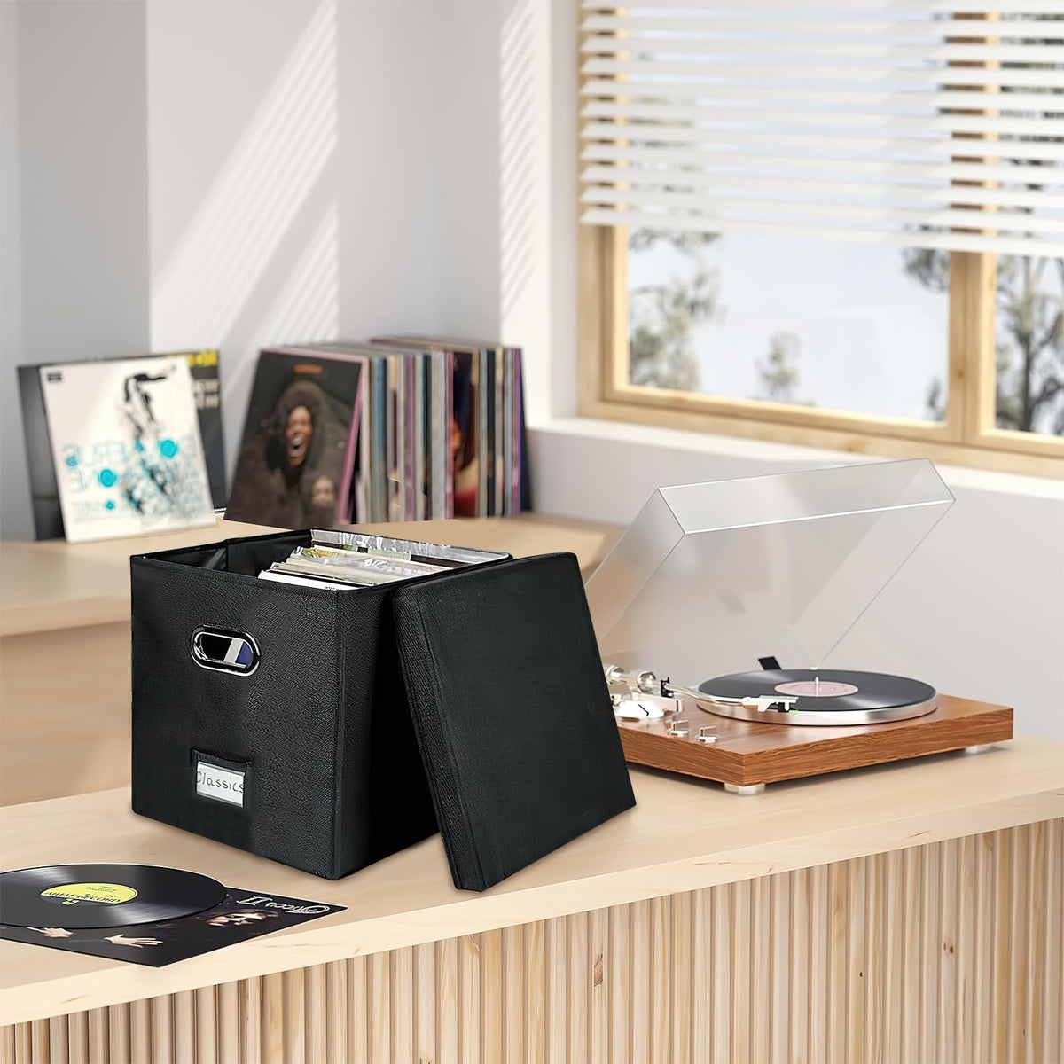 4 PCS 12-inch Vinyl Record Storage Box,Folding LP Case with Lid & Handle - image 4