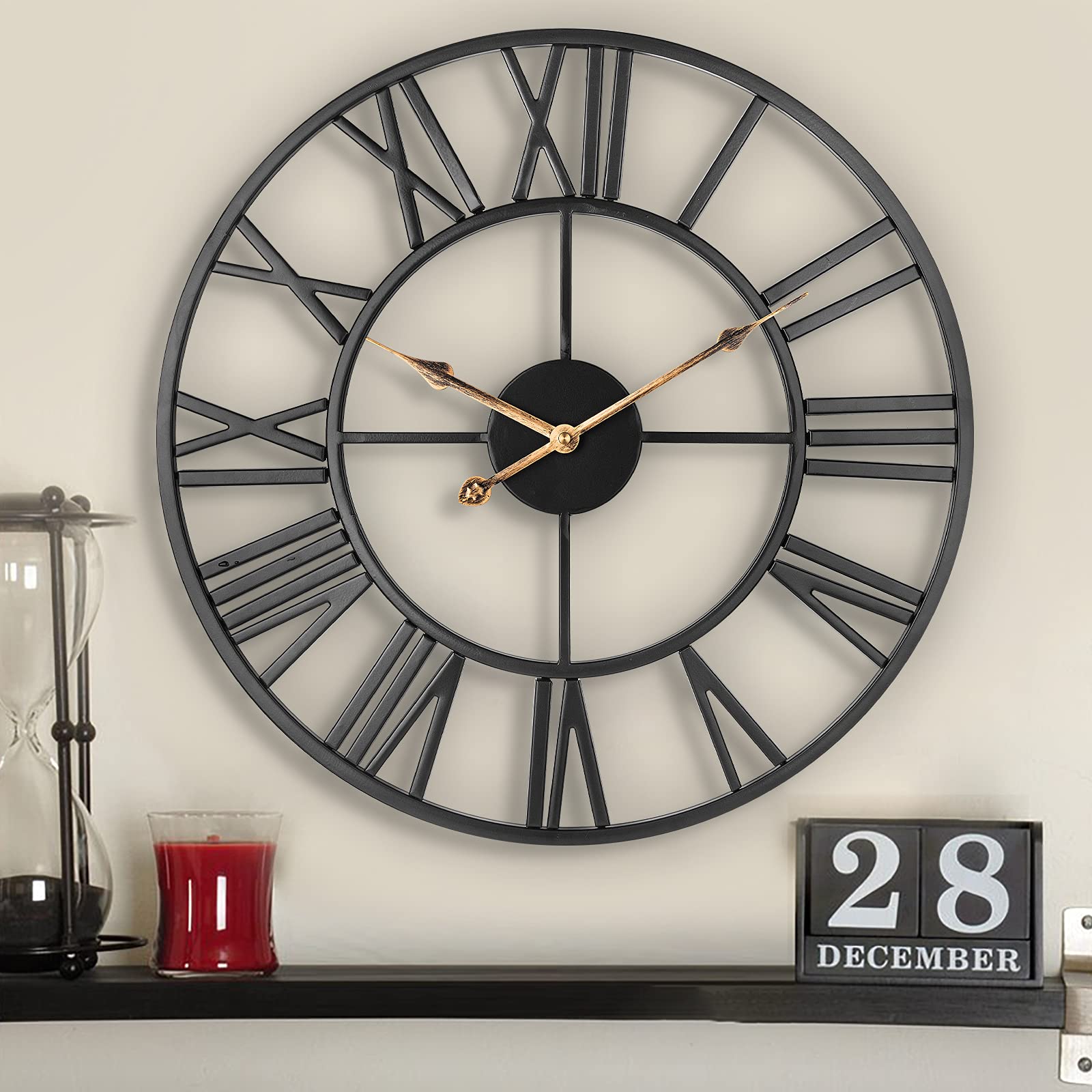 ARVINKEY 47cm Silent Wall Clock – Vintage Metal Skeleton Roman Numerals