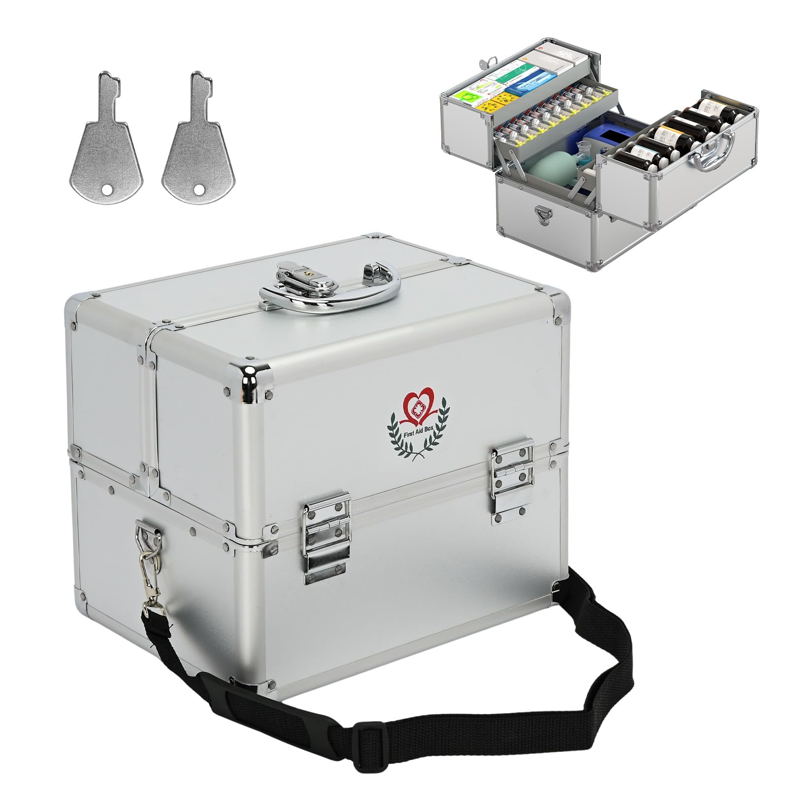 ybaymy 3-Layer Medicine Storage Box | Locking First Aid Bin with Strap