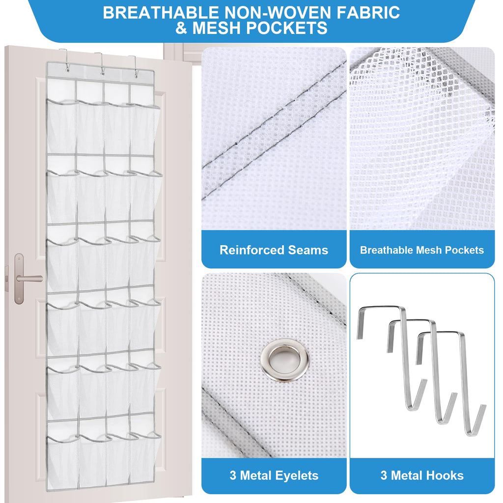 Suacculent Over Door Shoe Organiser, 24 Large Mesh Pockets & 3 Hooks, White - image 2