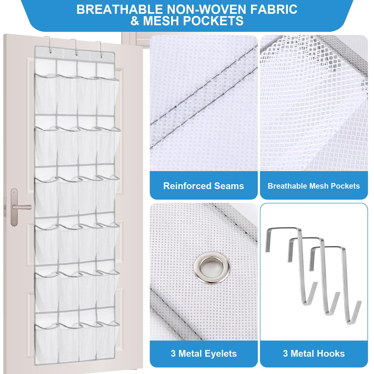 Suacculent Over Door Shoe Organiser, 24 Large Mesh Pockets & 3 Hooks, White - image 2