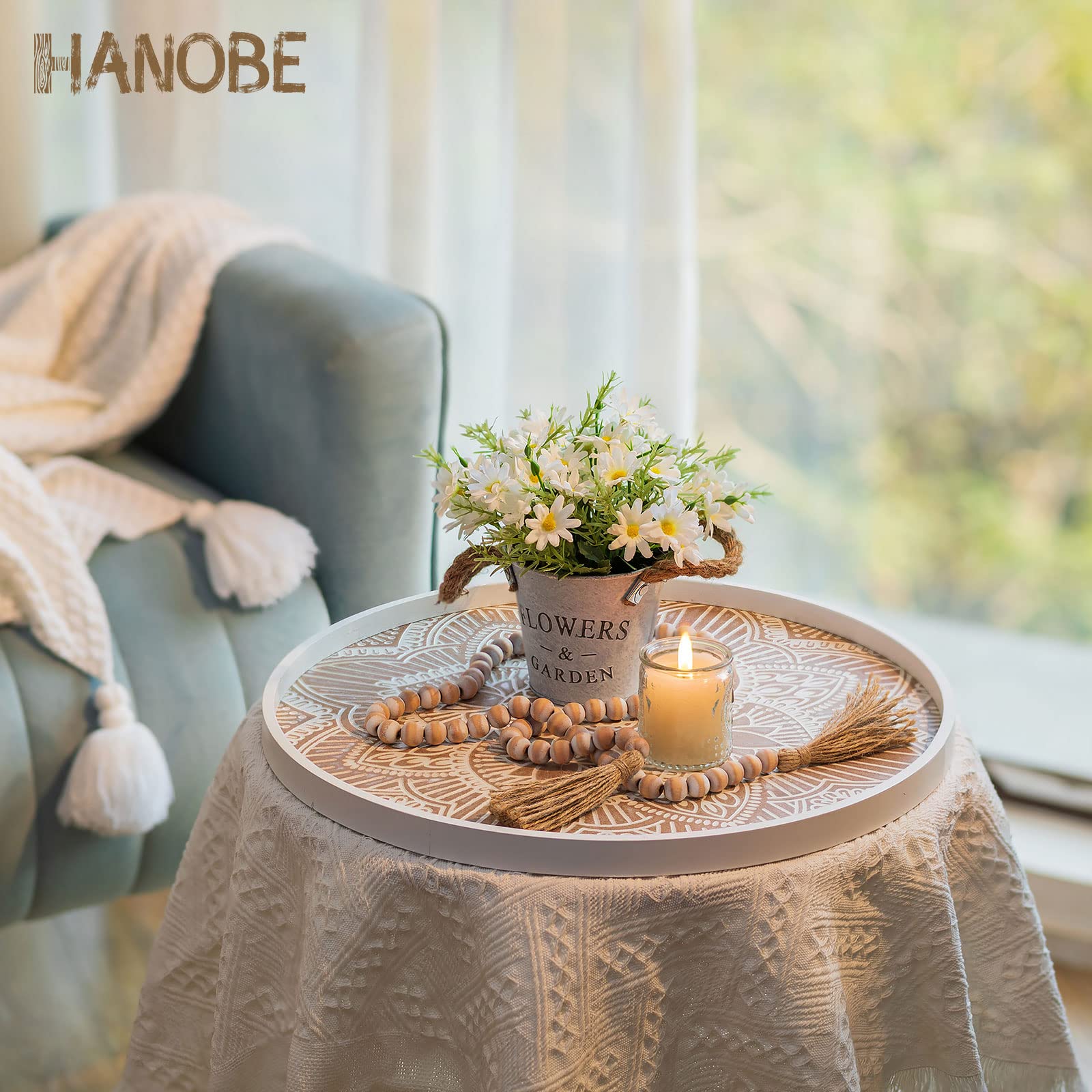 Hanobe 18" Round Wood Ottoman Tray – Rustic Floral Coffee Table Decor