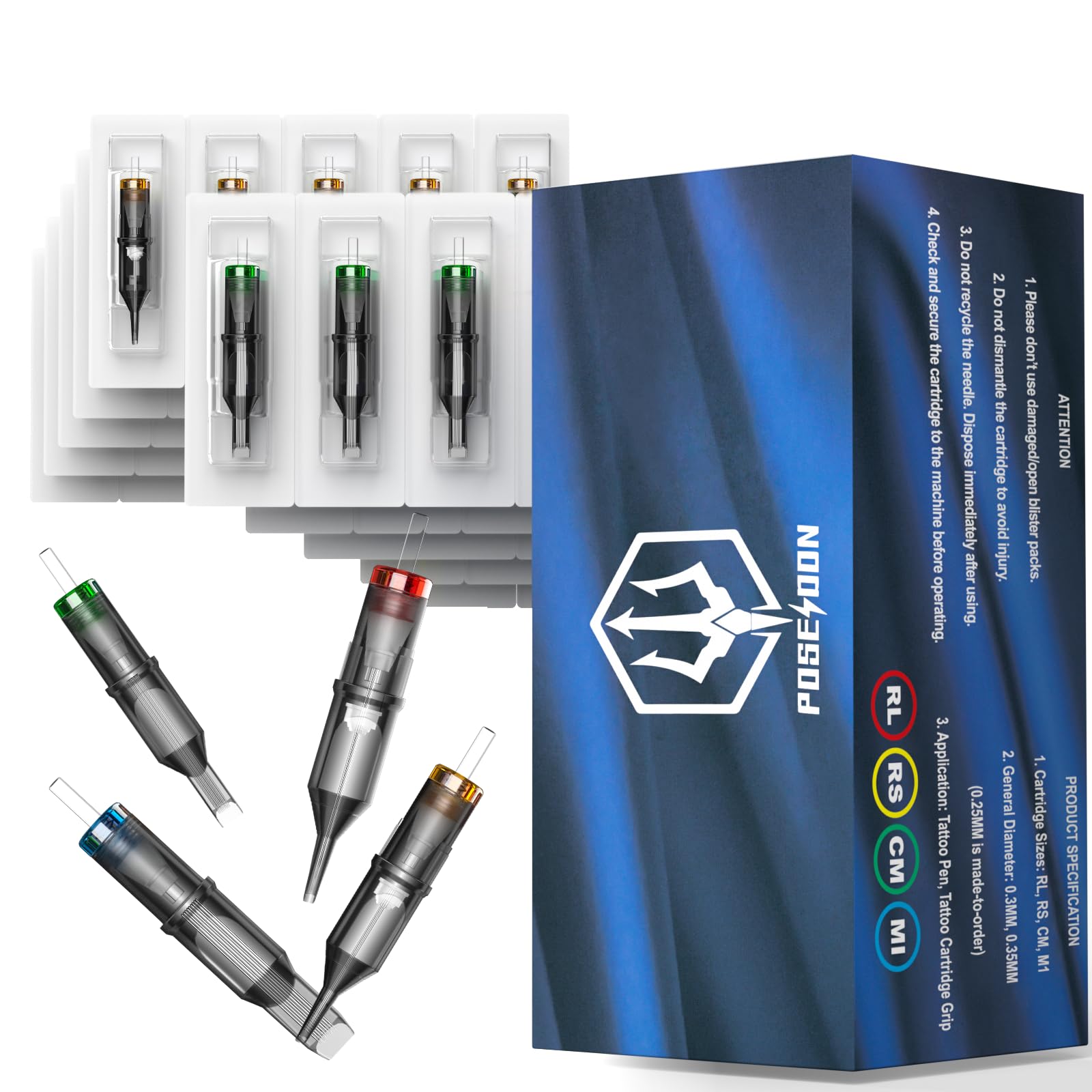 Poseidon Tattoo Cartridge Needles - 50Pcs Assorted Mixed Sizes Set