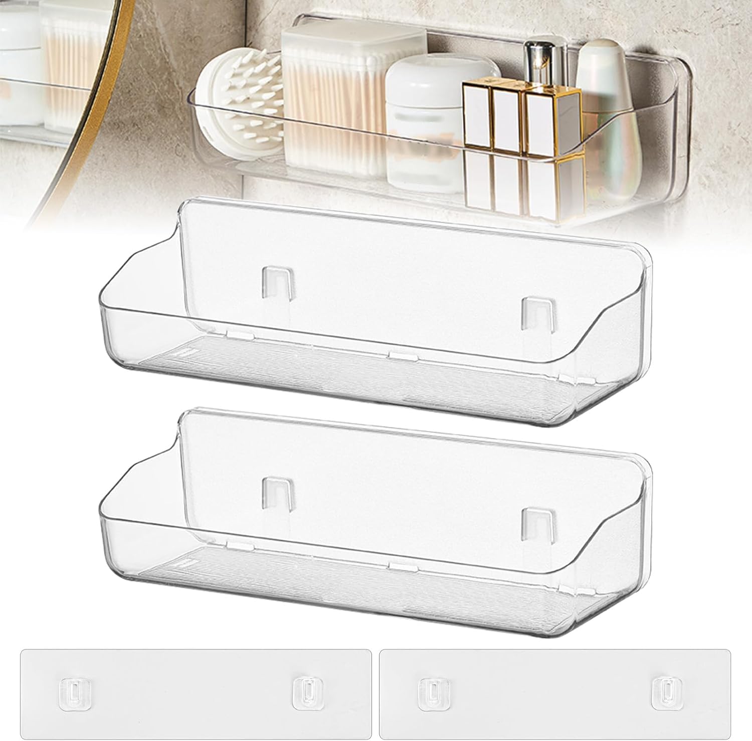 KYYGKY 2-Pack Clear Shower Caddy | Adhesive No-Drill Bathroom Shelves