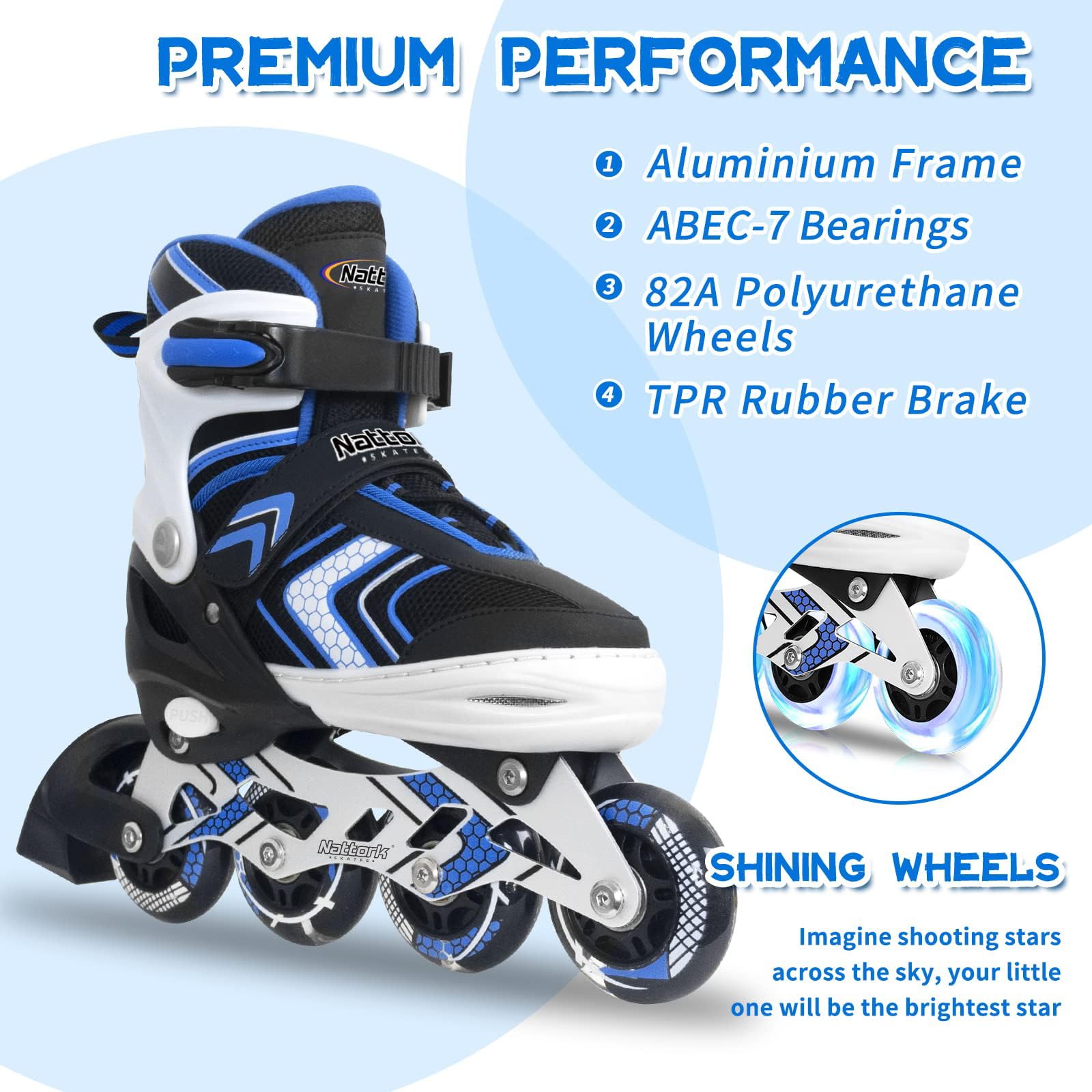 Nattork Boys Adjustable Inline Skates | Light Up Wheels Beginner Skates