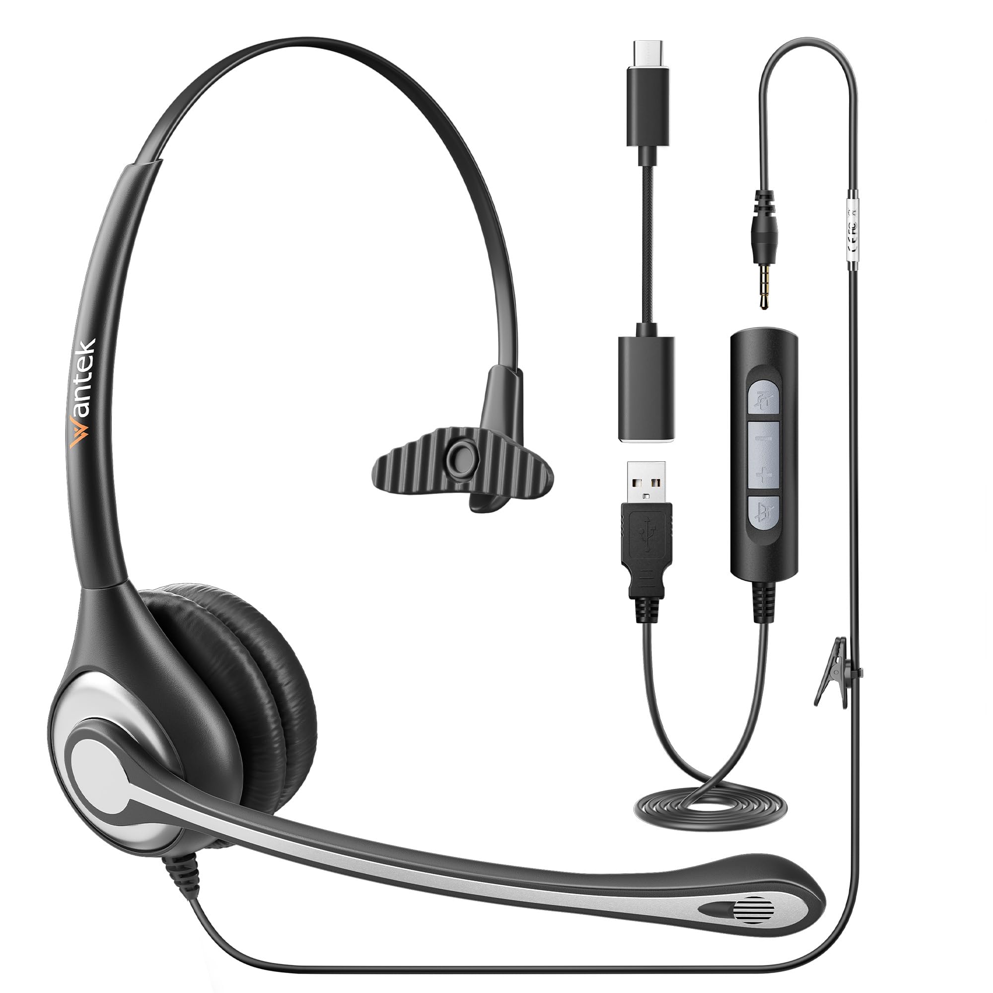 Wantek Monaural USB Wired Headset | Noise Cancelling Office Headphone