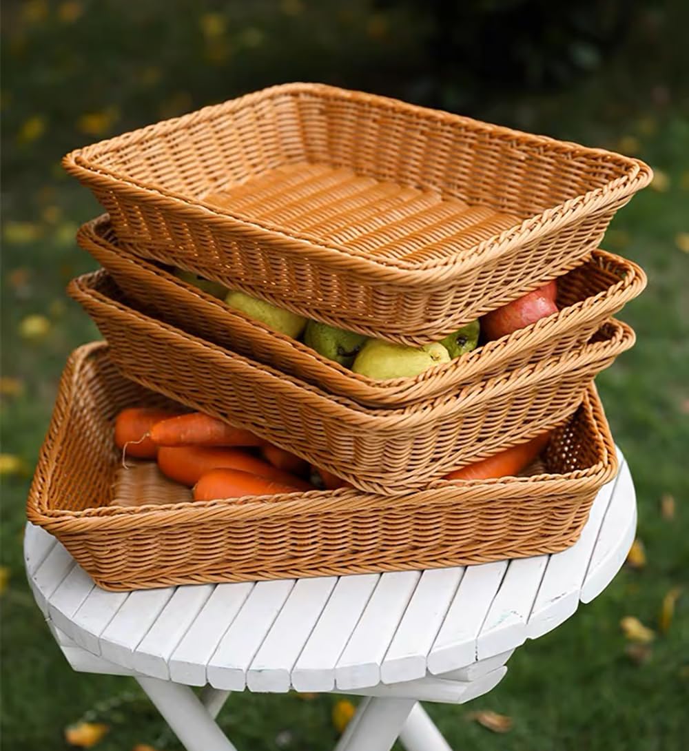 RT&BS 2Pcs Large Wicker Bread Basket Rectangular, Wicker Fruit Basket, Display Baskets for Vegetable, Imitation Rattan Tray - image 3