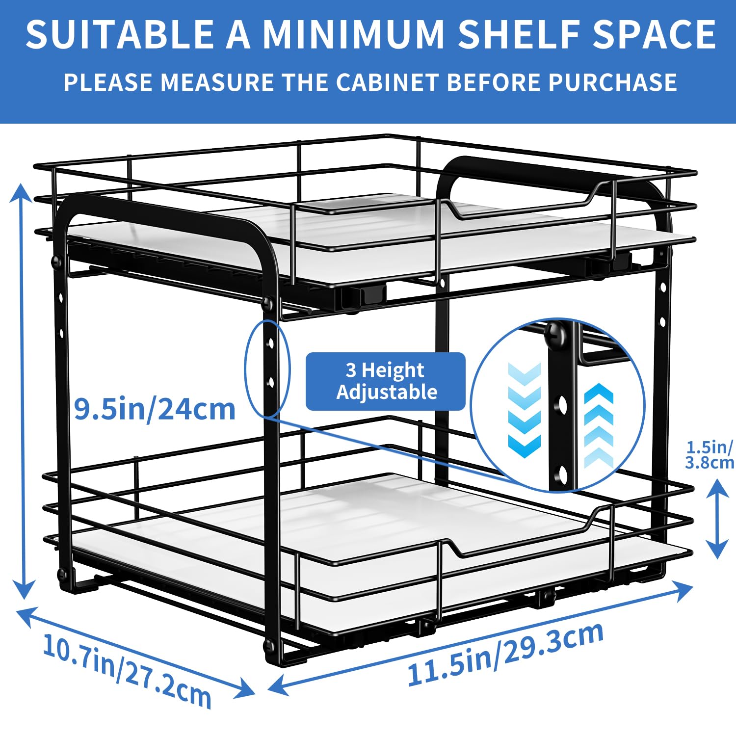 AIRUJIA Pull Out Cabinet Organizer – 2-Tier Metal Adjustable Spice Rack