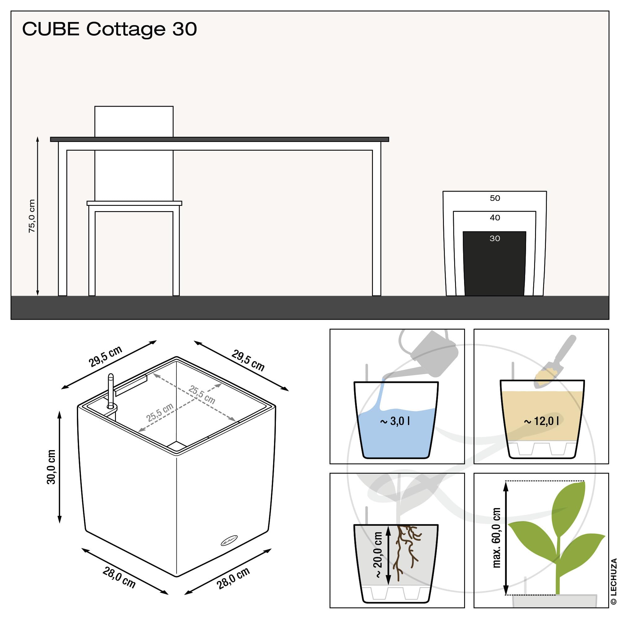 Lechuza CUBE Cottage 30 Self-Watering Square Planter - White Rattan
