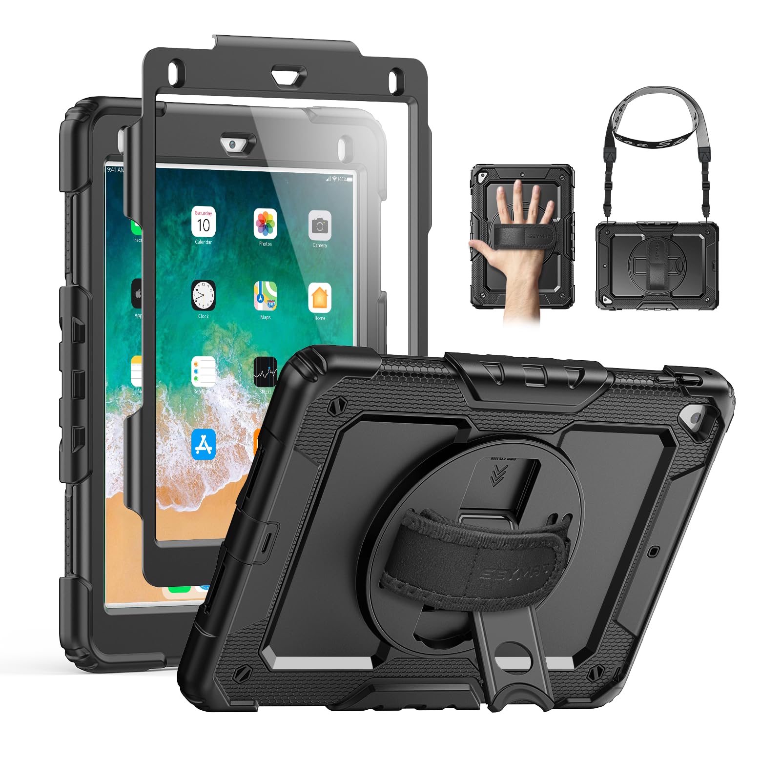 SEYMAC iPad 9.7 Shockproof Case with 360 Stand & Strap - Black