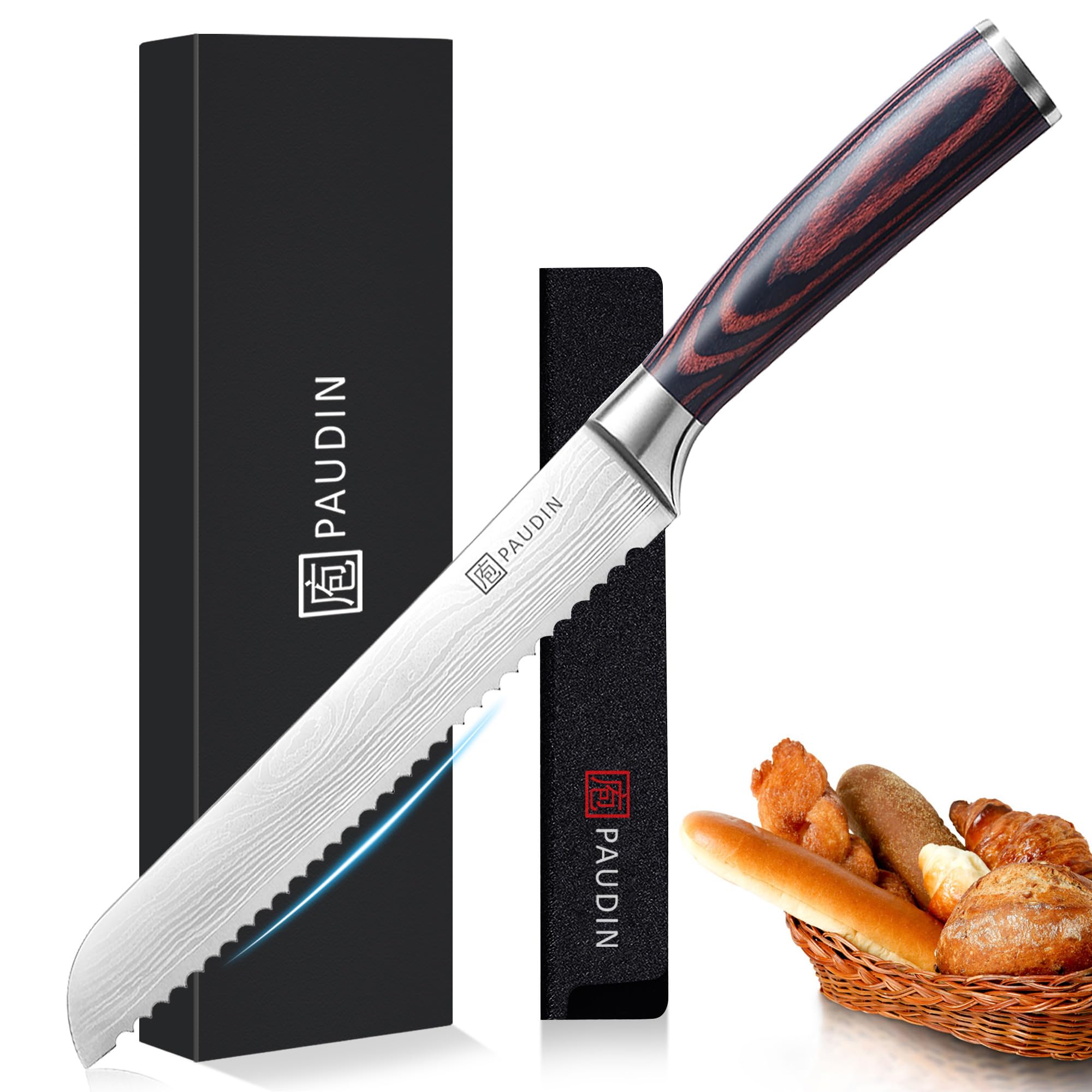 PAUDIN 8 Inch Serrated Bread Knife – High Carbon Stainless Steel & Pakkawood
