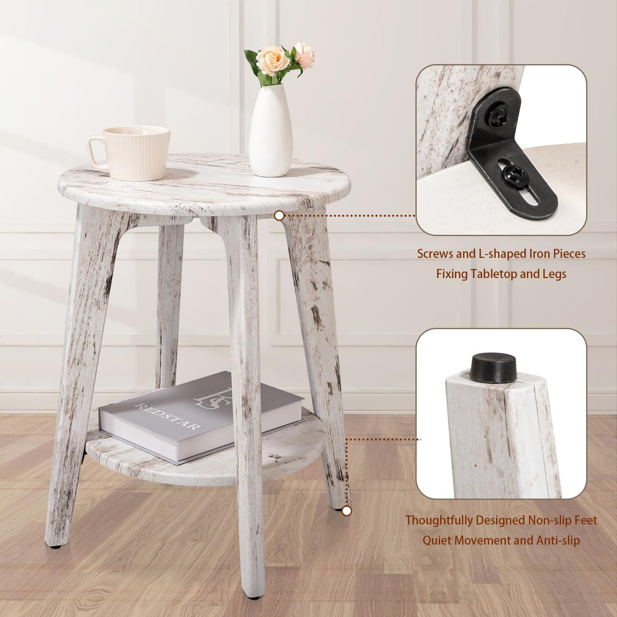 FEUFOAM Round Side Table White Wooden End Table with Lower Shelf Rustic Vintage Nightstand Beside Table Small Accent Tables for Living Room Bedroom - image 4