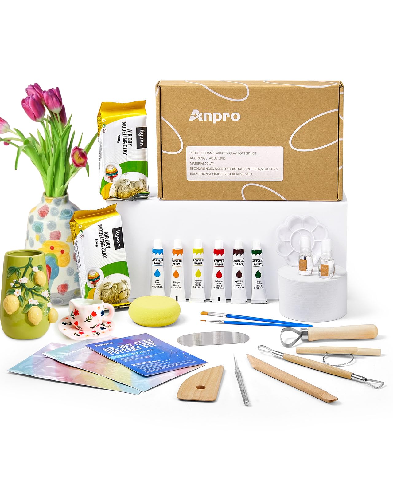 Anpro Air Dry Clay Pottery Kit for Adults – 21 PCS DIY Craft Set