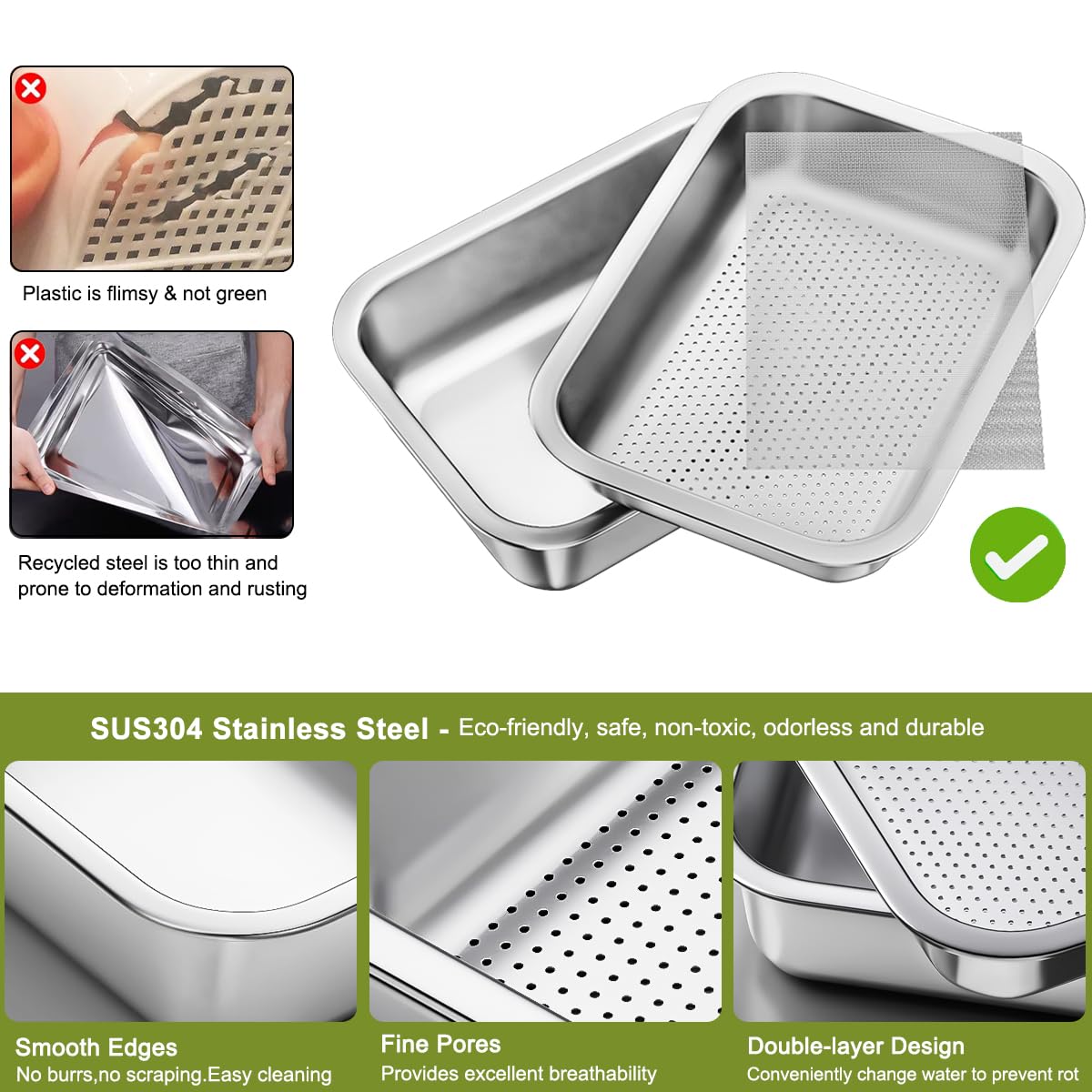 FANHAO 2-Pack Stainless Steel Sprouting Tray Kit for Wheatgrass