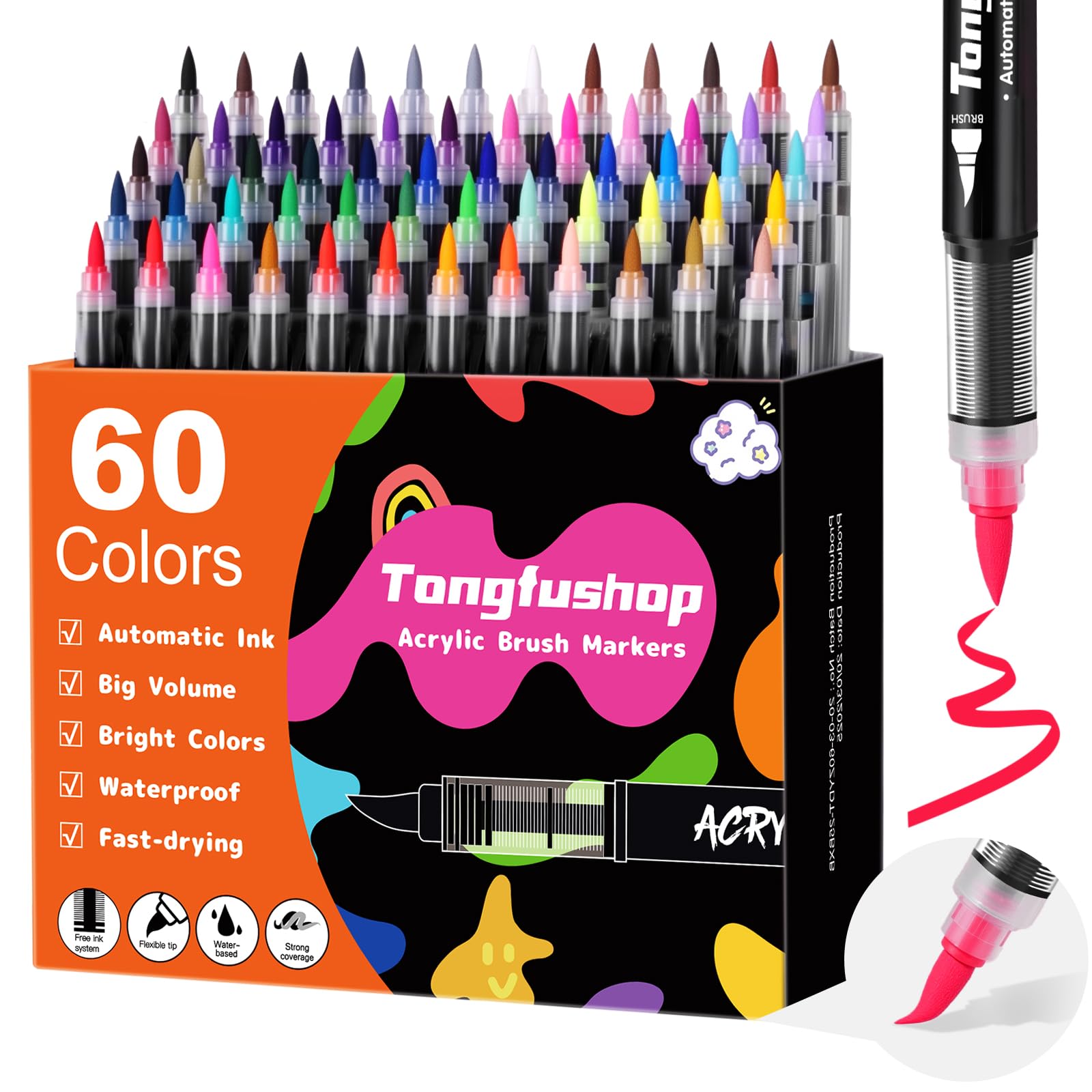 Tongfushop 60 Colors Acrylic Paint Pens | 1-4mm Brush Tip Art Markers
