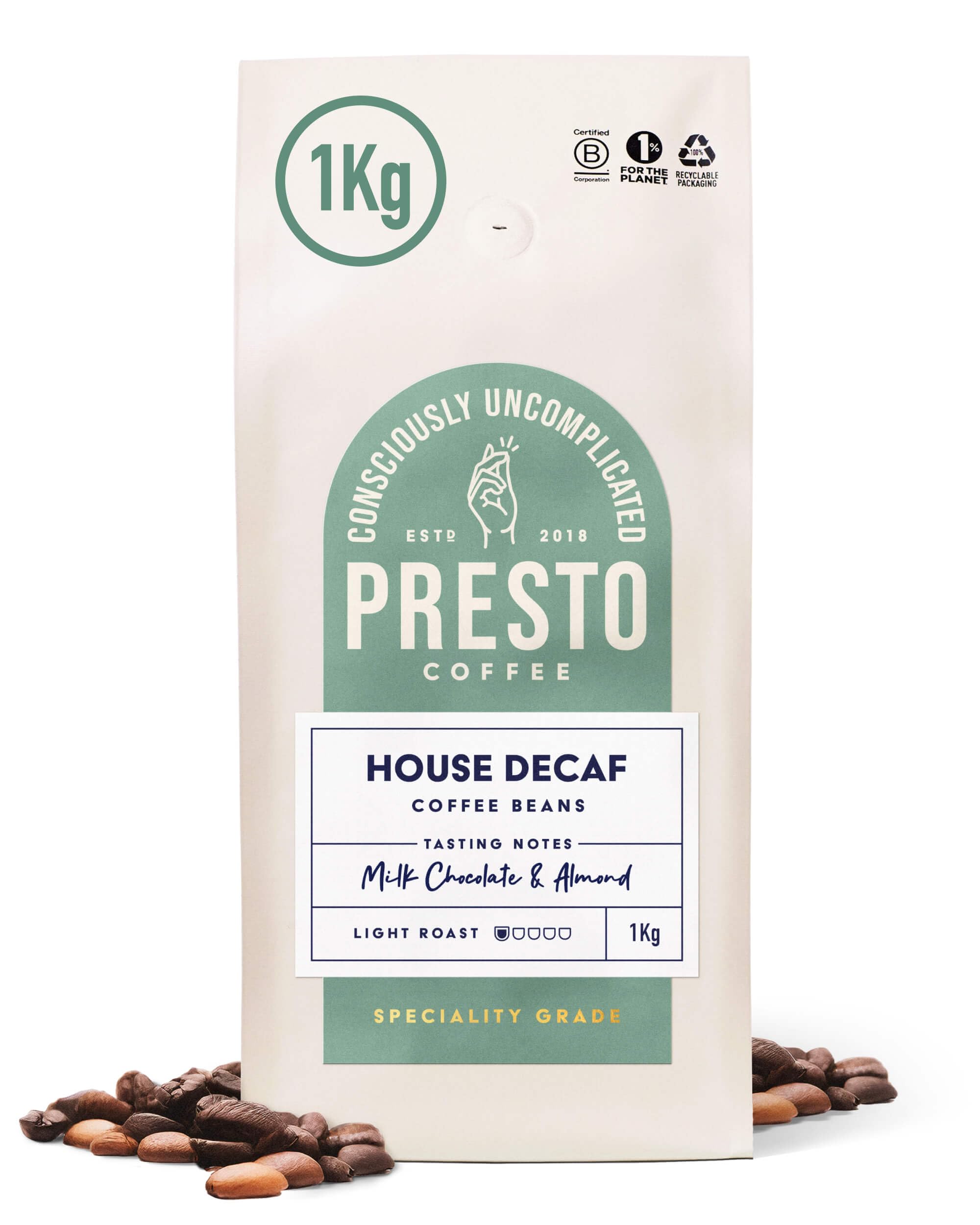 Presto Decaf Speciality Coffee Beans 1kg - Light Roast Arabica Robusta