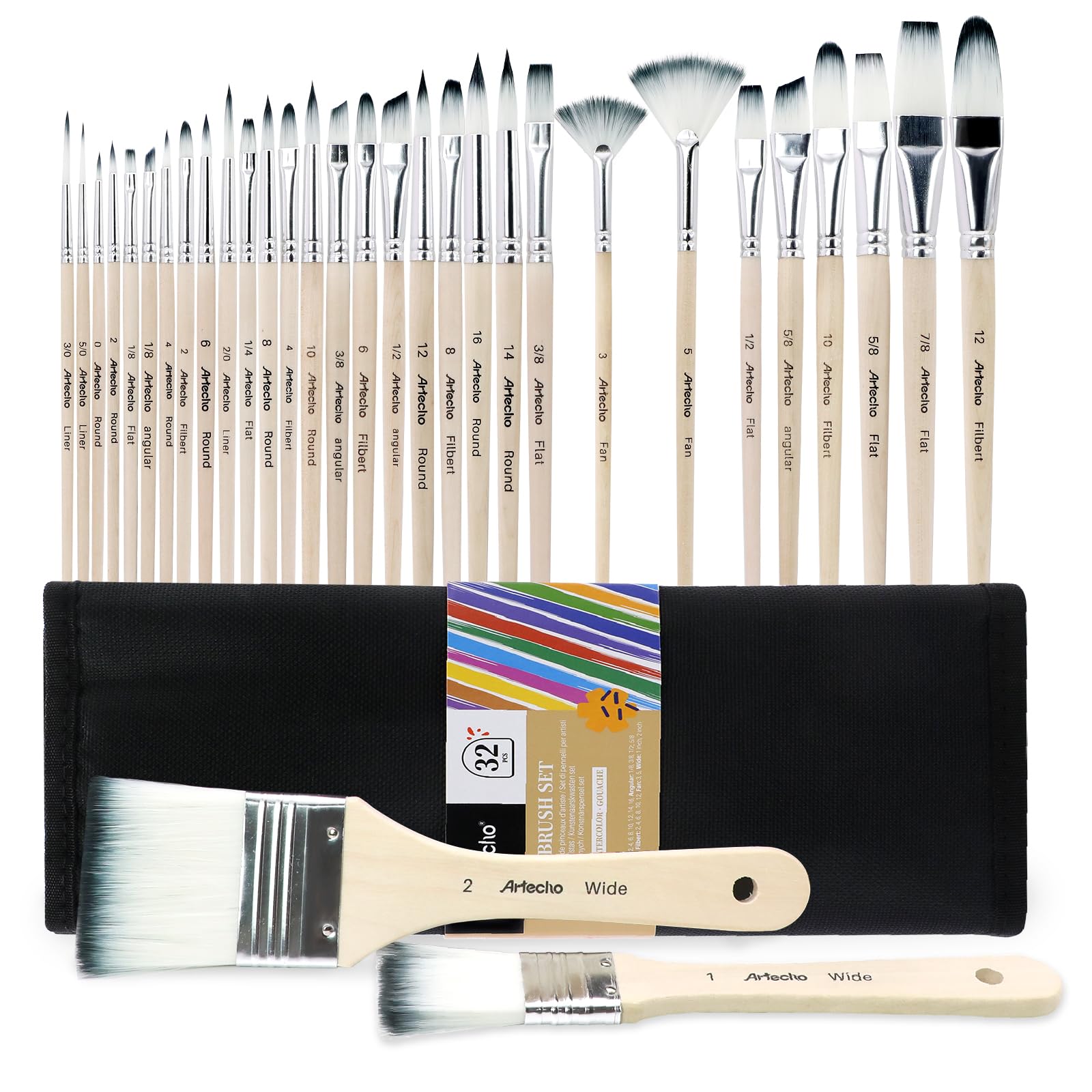 Artecho 32-Piece Art Paint Brush Set for Acrylic, Oil & Watercolor
