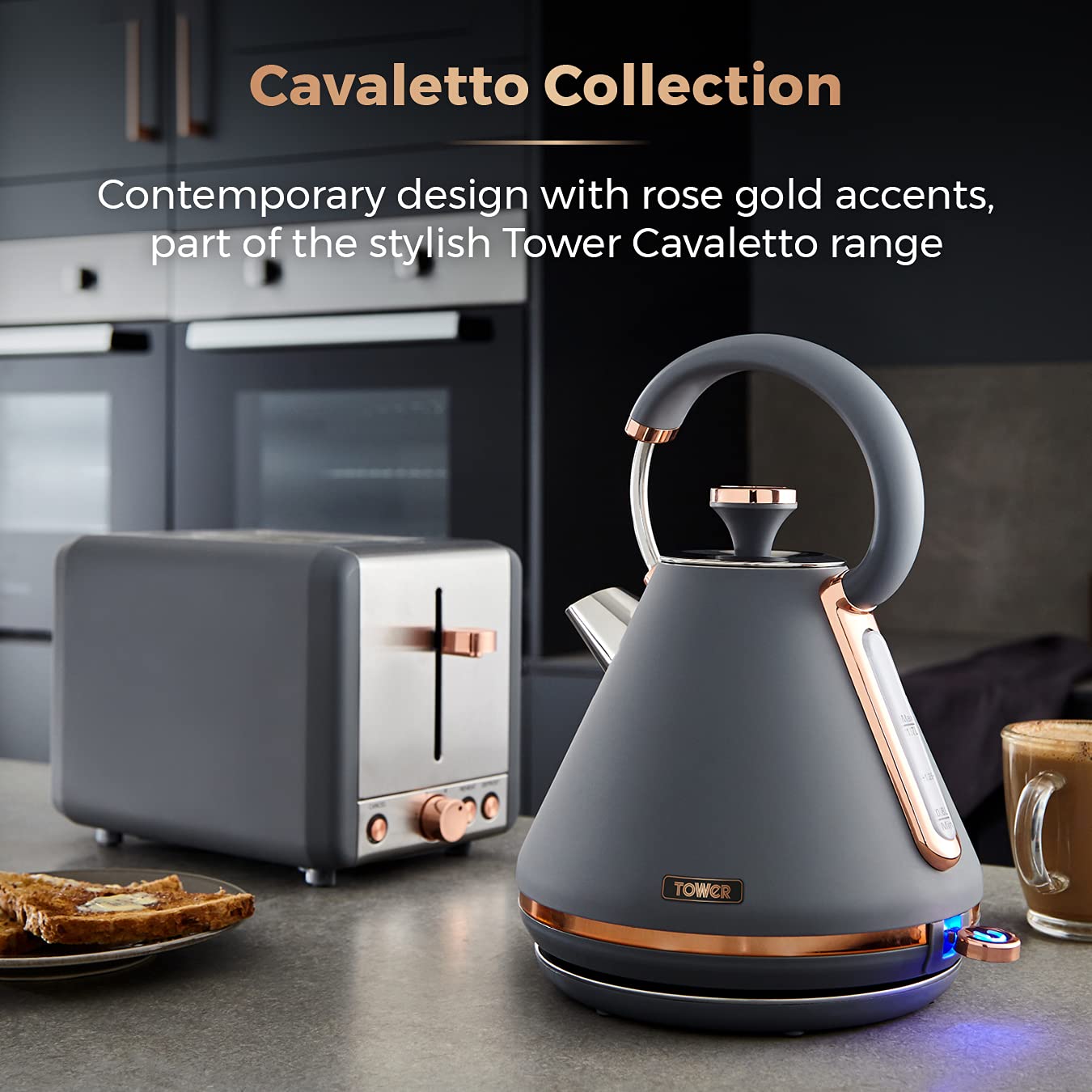 Tower Cavaletto Pyramid Kettle | 1.7L Rapid Boil 3000W | Grey & Rose Gold