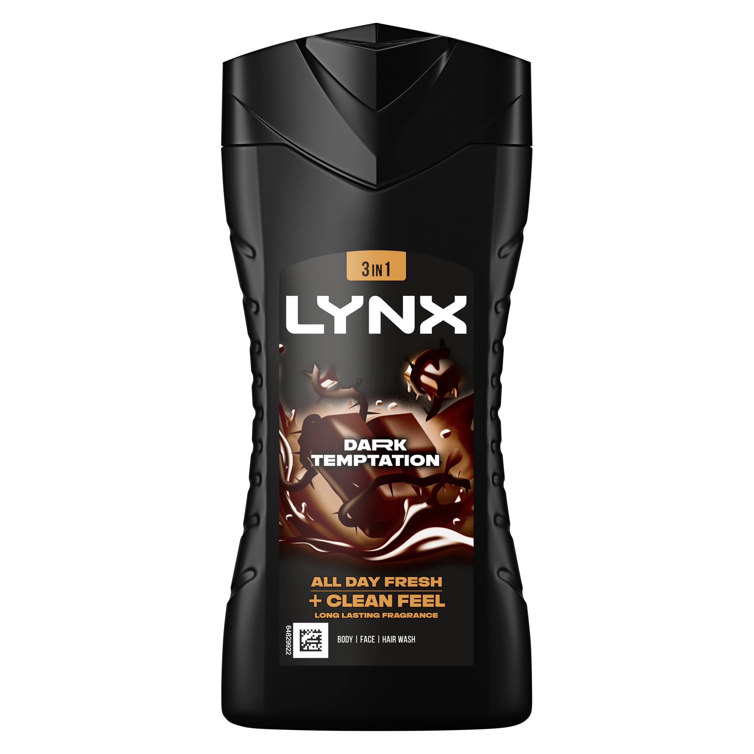 Lynx Dark Temptation 3-in-1 Body Wash - Chocolate Scent, 225ml (Pack of 6)