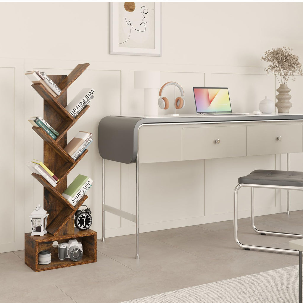 YMYNY 6-Tier Tree Bookshelf | Modern Wood Tall Bookcase with Drawer