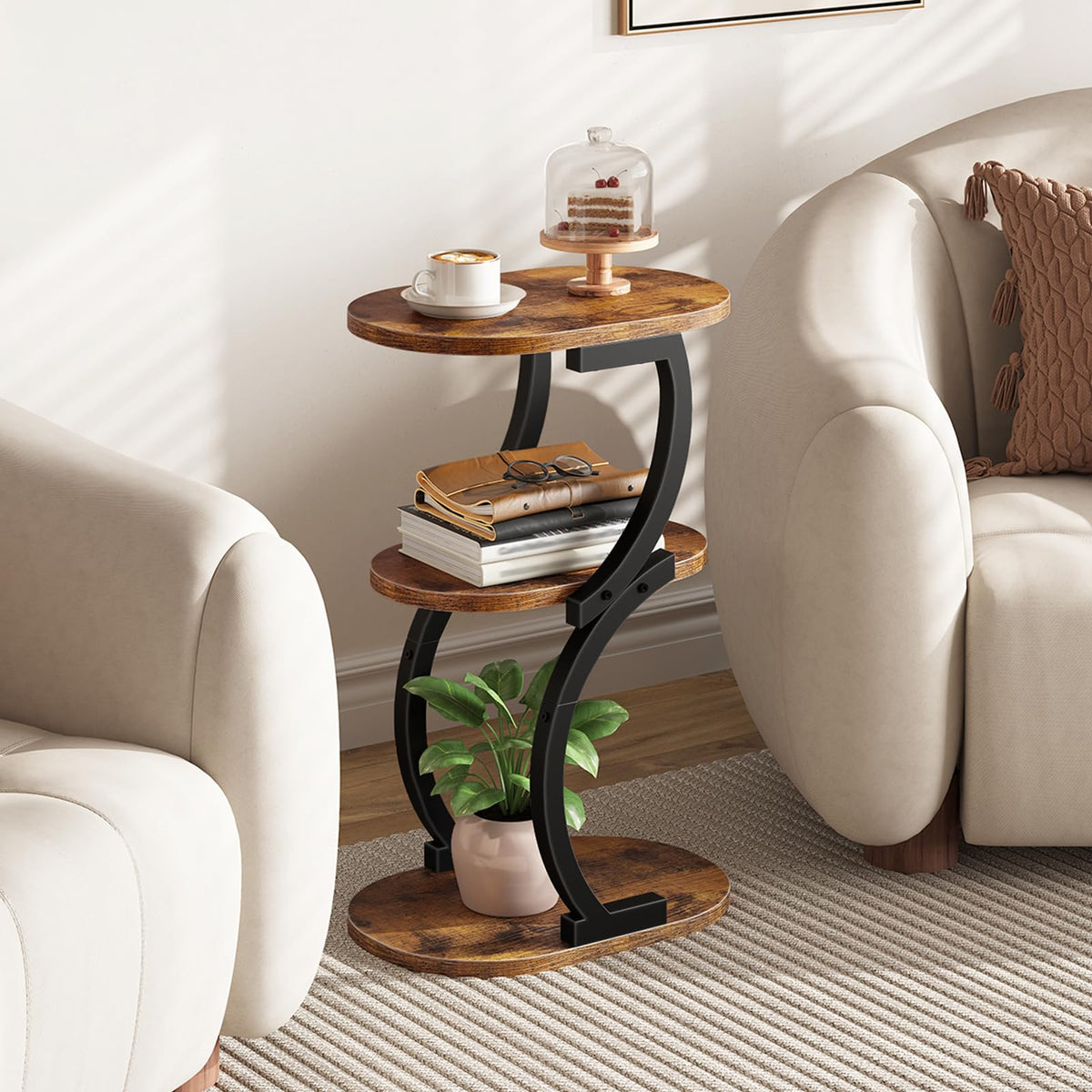 HOOBRO 3-Tier Side Table, Small Table with Storage Shelf, Oval Sofa Table for Small Space, Slim Bedside Table Round Corner Table for Living Room - image 2