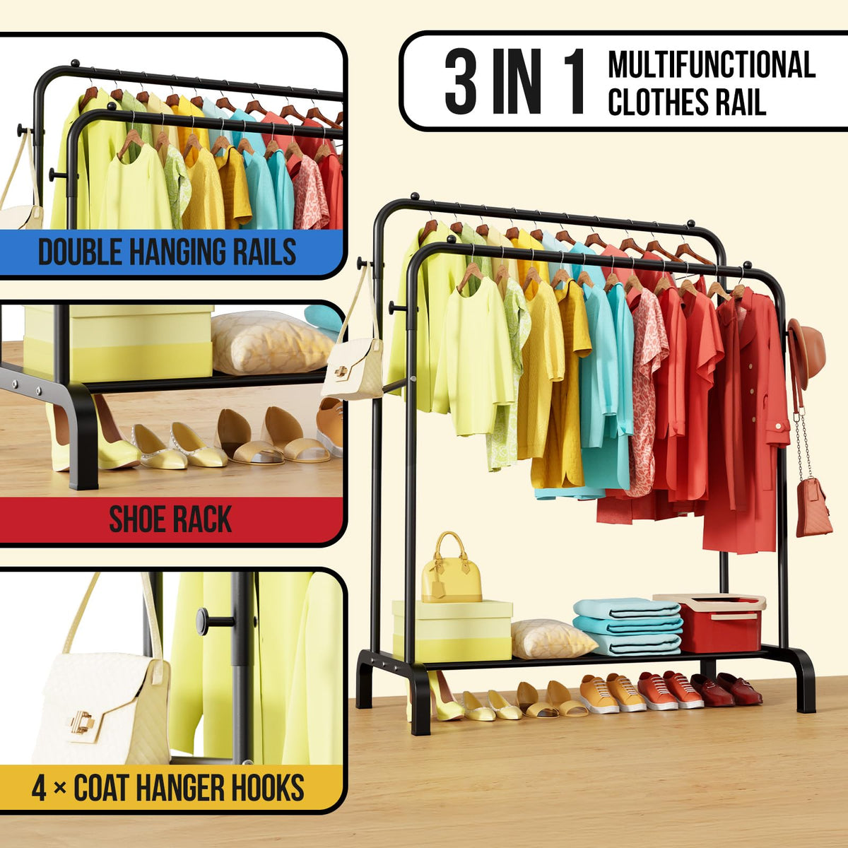 Clothes Rail With Shelves, Double Rods Clothing Rail for Bedroom, Black - image 3