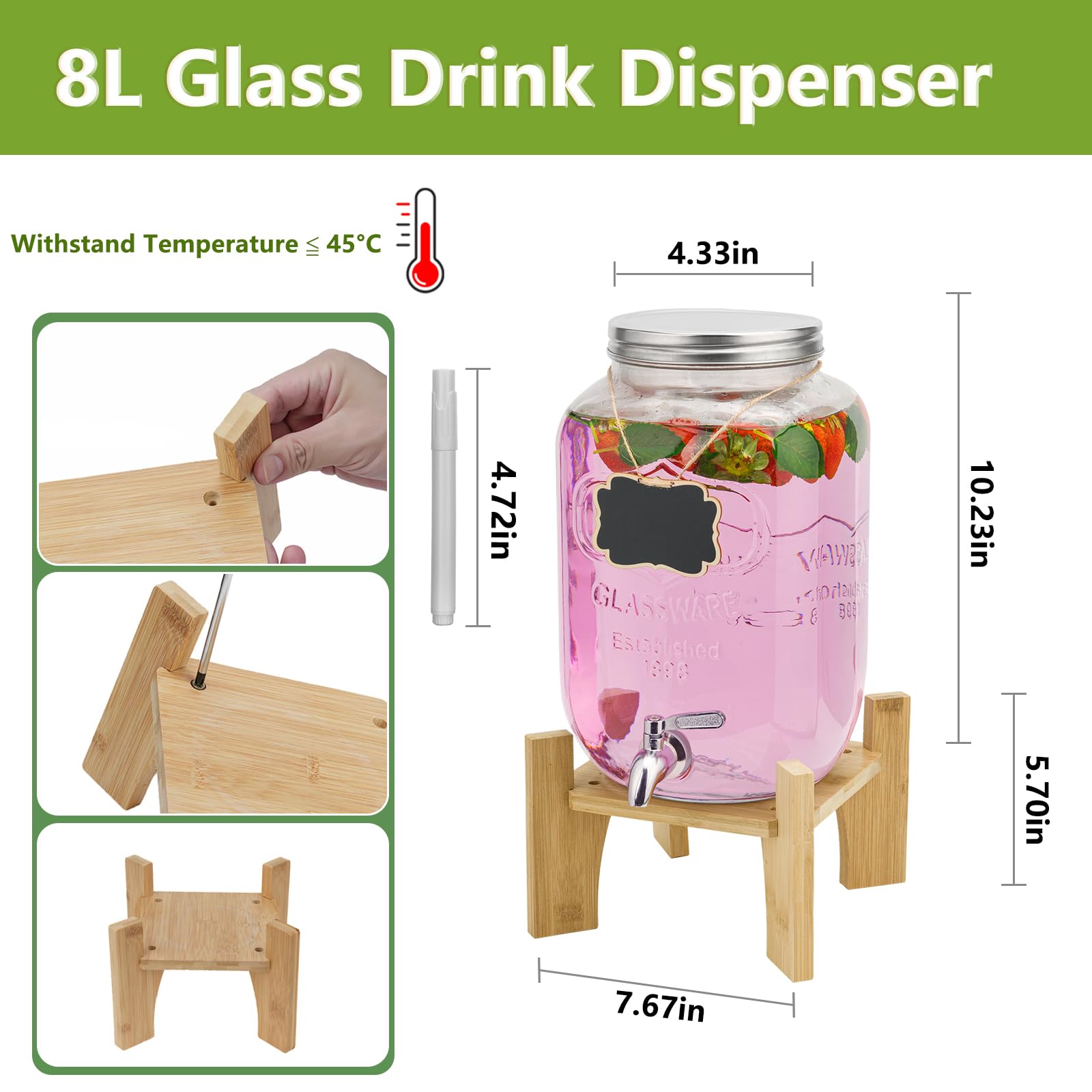 Jolof Store 8L Glass Beverage Dispenser with Bamboo Stand & Tap