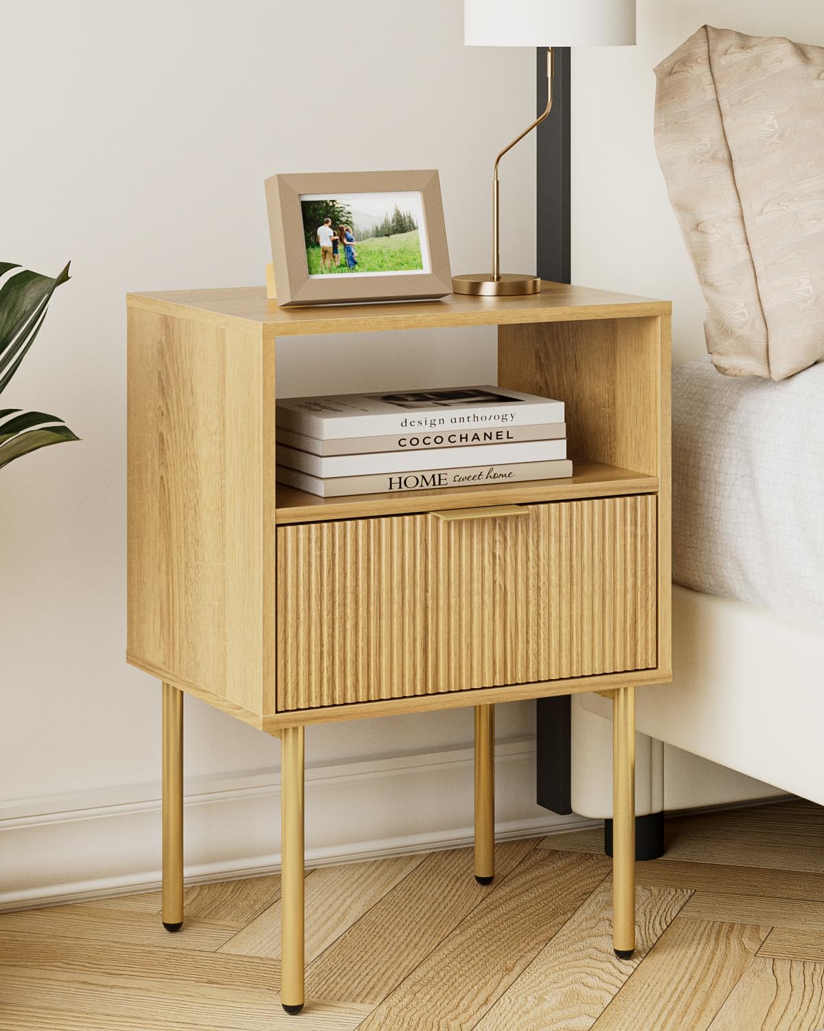 HEYZOEY Mid-Century Modern Wooden Nightstand with Gold Legs | Oak