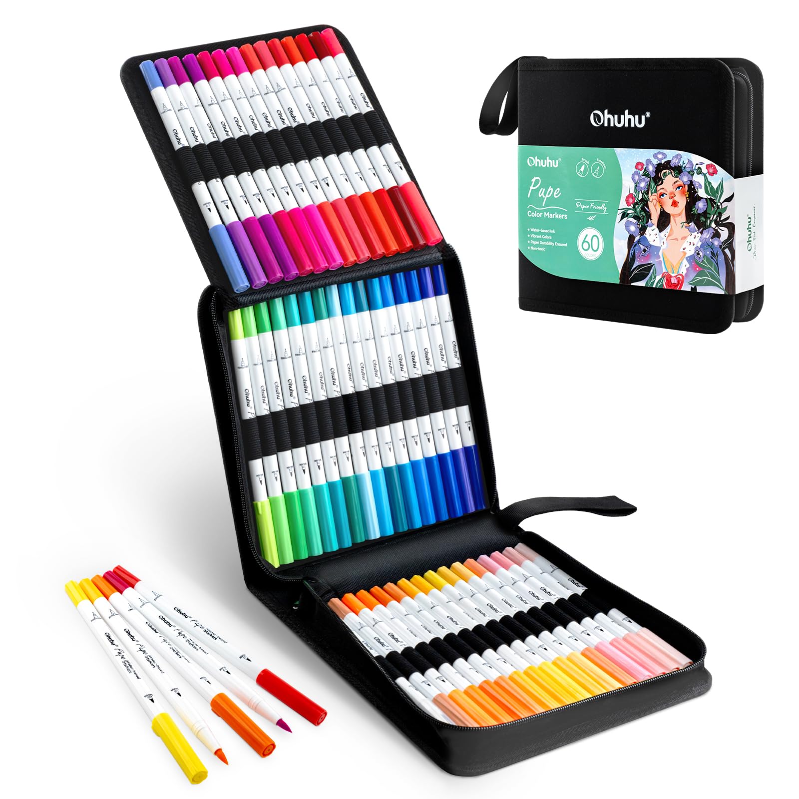 Ohuhu 60 Colours Dual Tip Brush Pens – Paper-Friendly Water-Based Markers