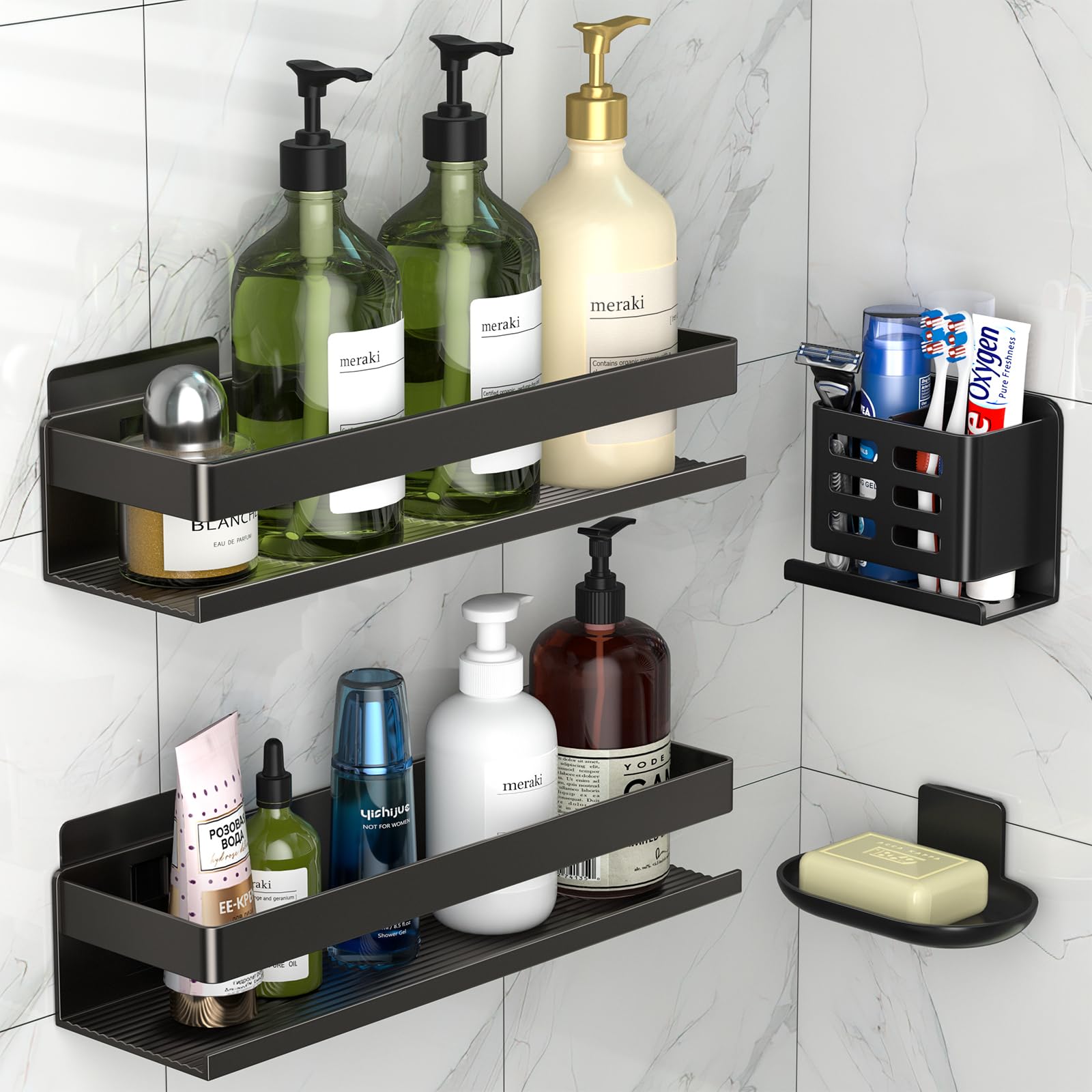 YESENT Aluminum Shower Rack 4-Pack | Rustproof Adhesive Bathroom Organizer