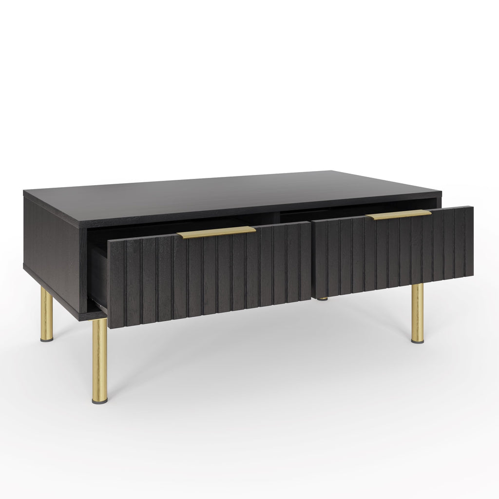 GFW Nervata Coffee Table, Black Coffee Table with 2 Drawers, Art Deco Style Living Room Table with Gold Accents and Wood Grain Texture - image 5