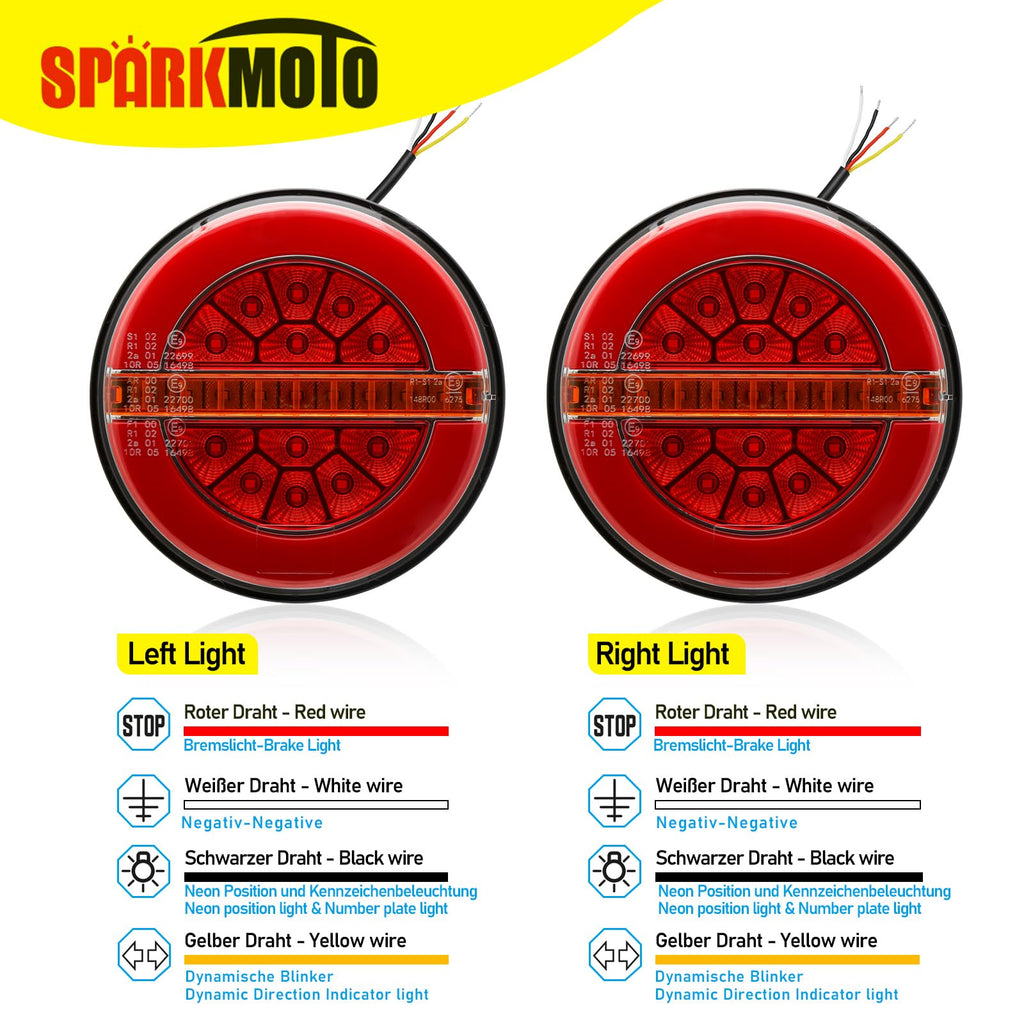 SPARKMOTO Round LED Trailer Tail Lights | 12V 24V IP67 Waterproof - 2 Pack