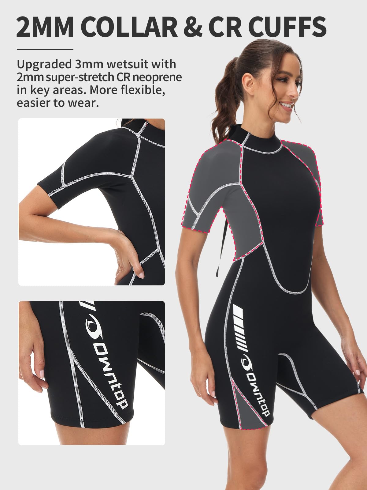 Owntop Women's 3/2mm Shorty Wetsuit | Neoprene Back Zip Diving Suit