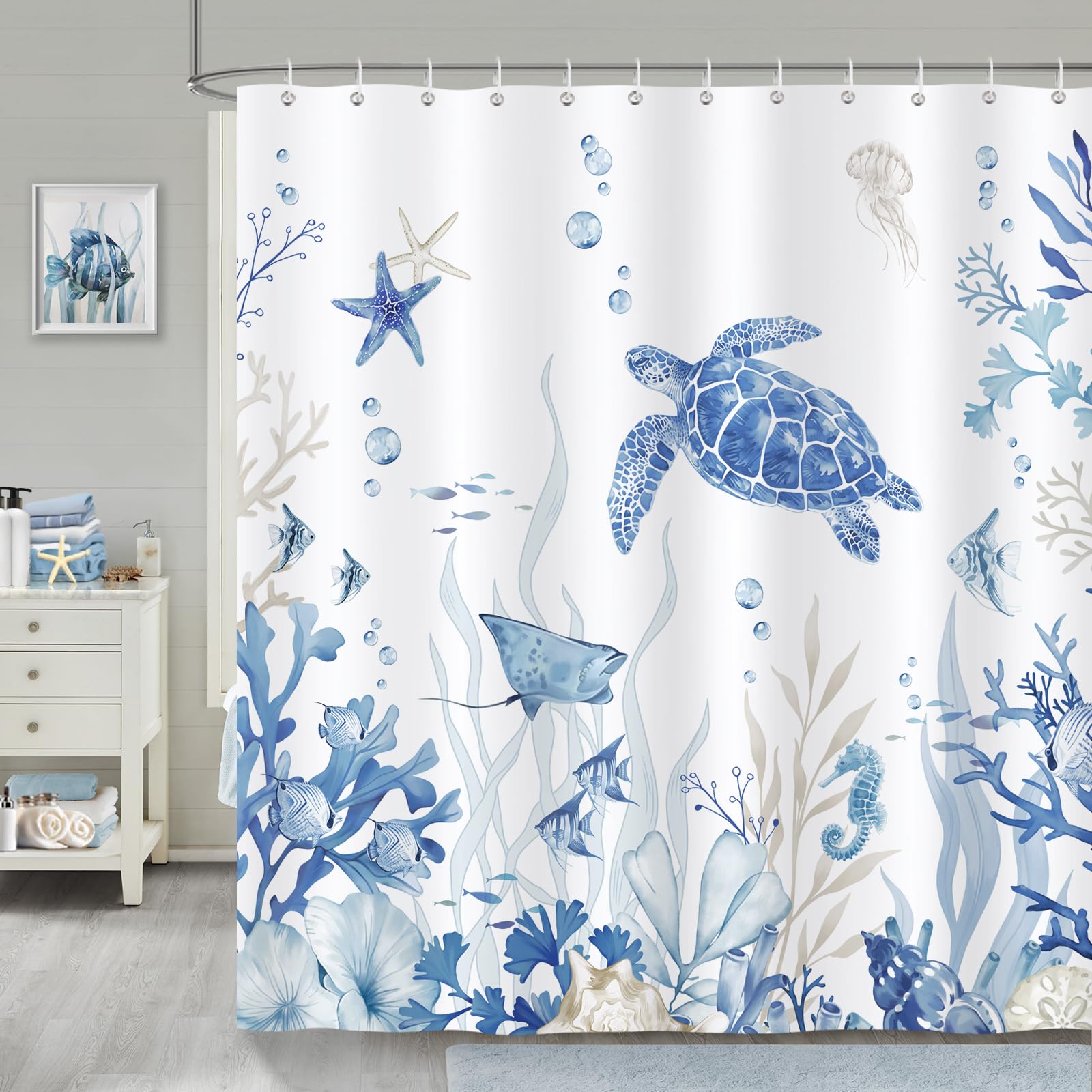 Bonhause Blue Ocean Turtle Shower Curtain | Waterproof Polyester, 180x180cm